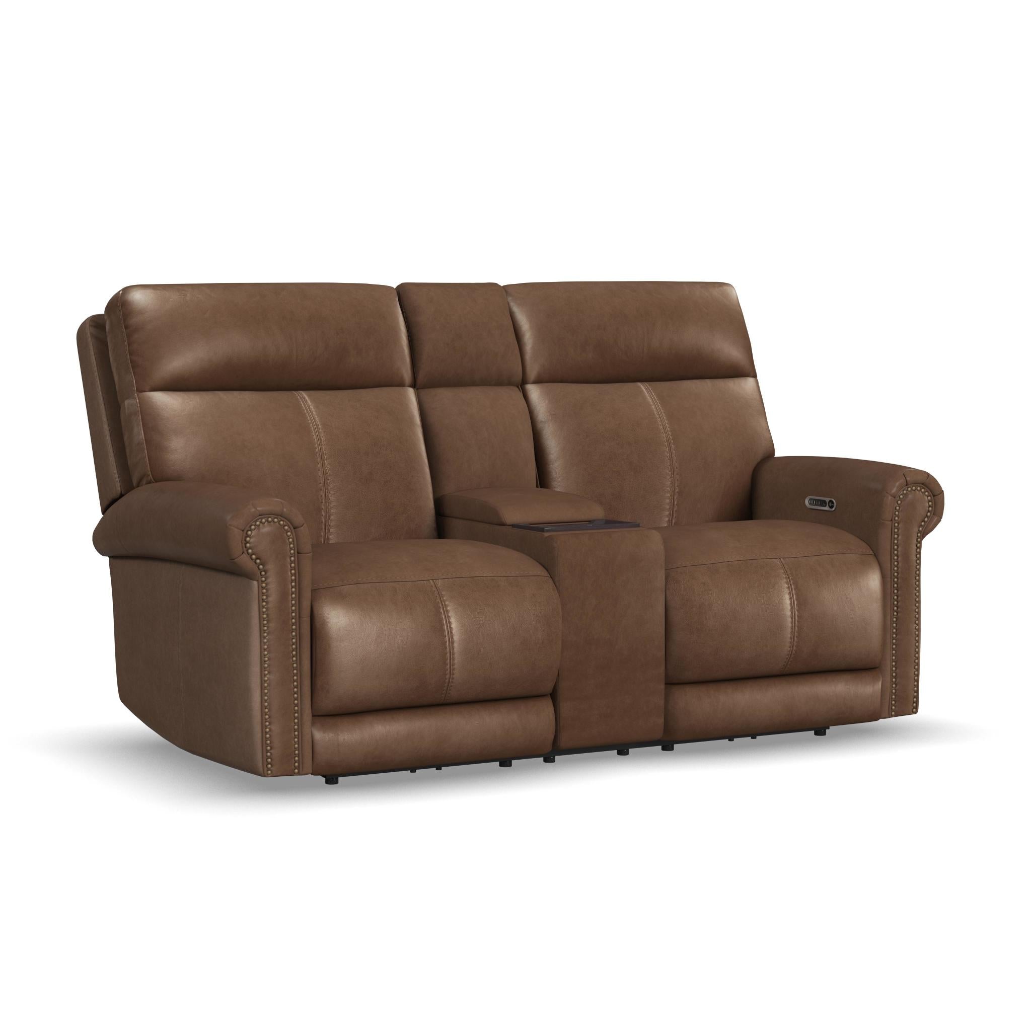 Alexander Leather Power Reclining Loveseat with Console, Power Headrest & Lumbar