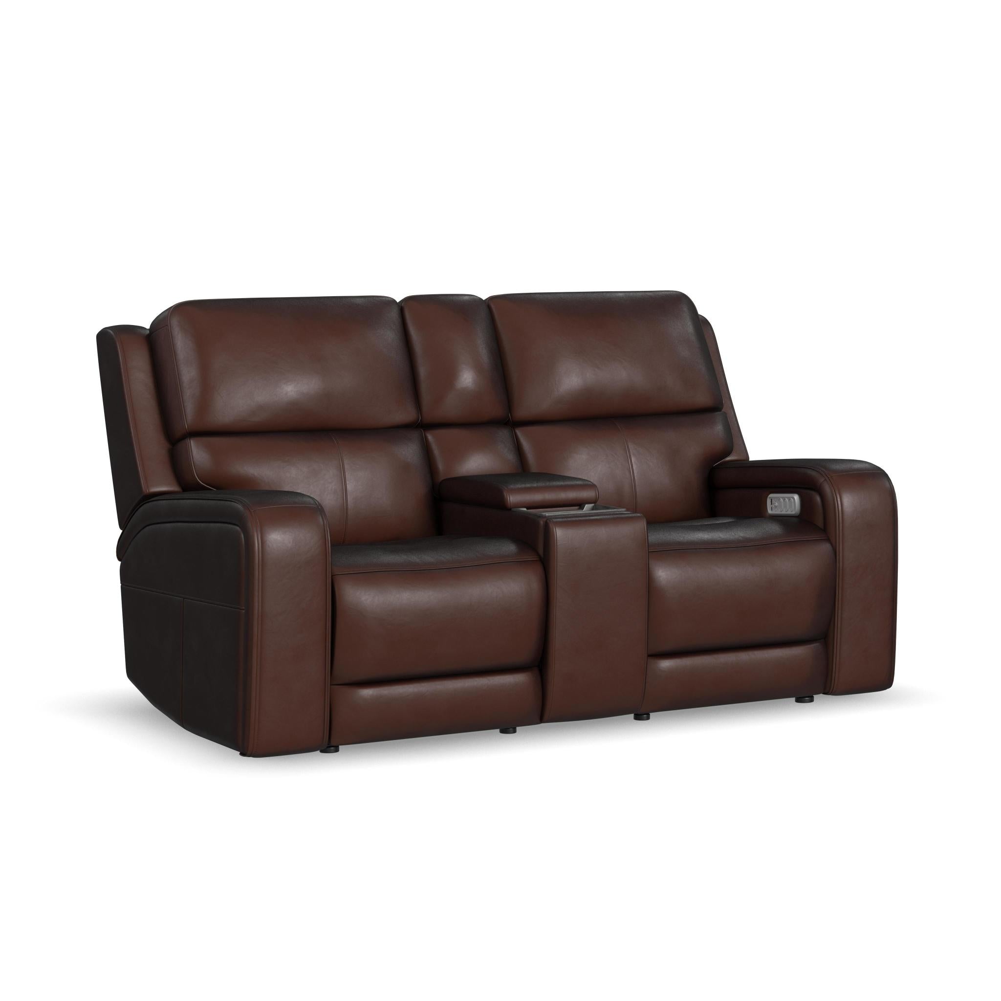 Oasis Leather Power Reclining Loveseat with Console, Power Headrests, Lumbar, Heat & Massage