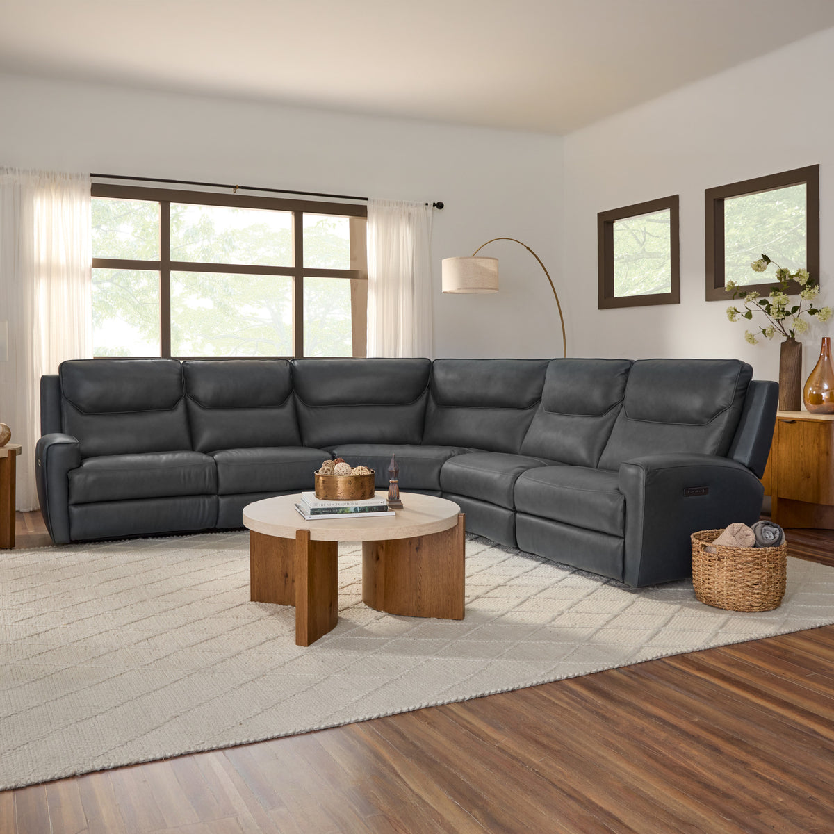 Argo Leather Power Reclining Sectional w/ Power Headrest & Lumbar