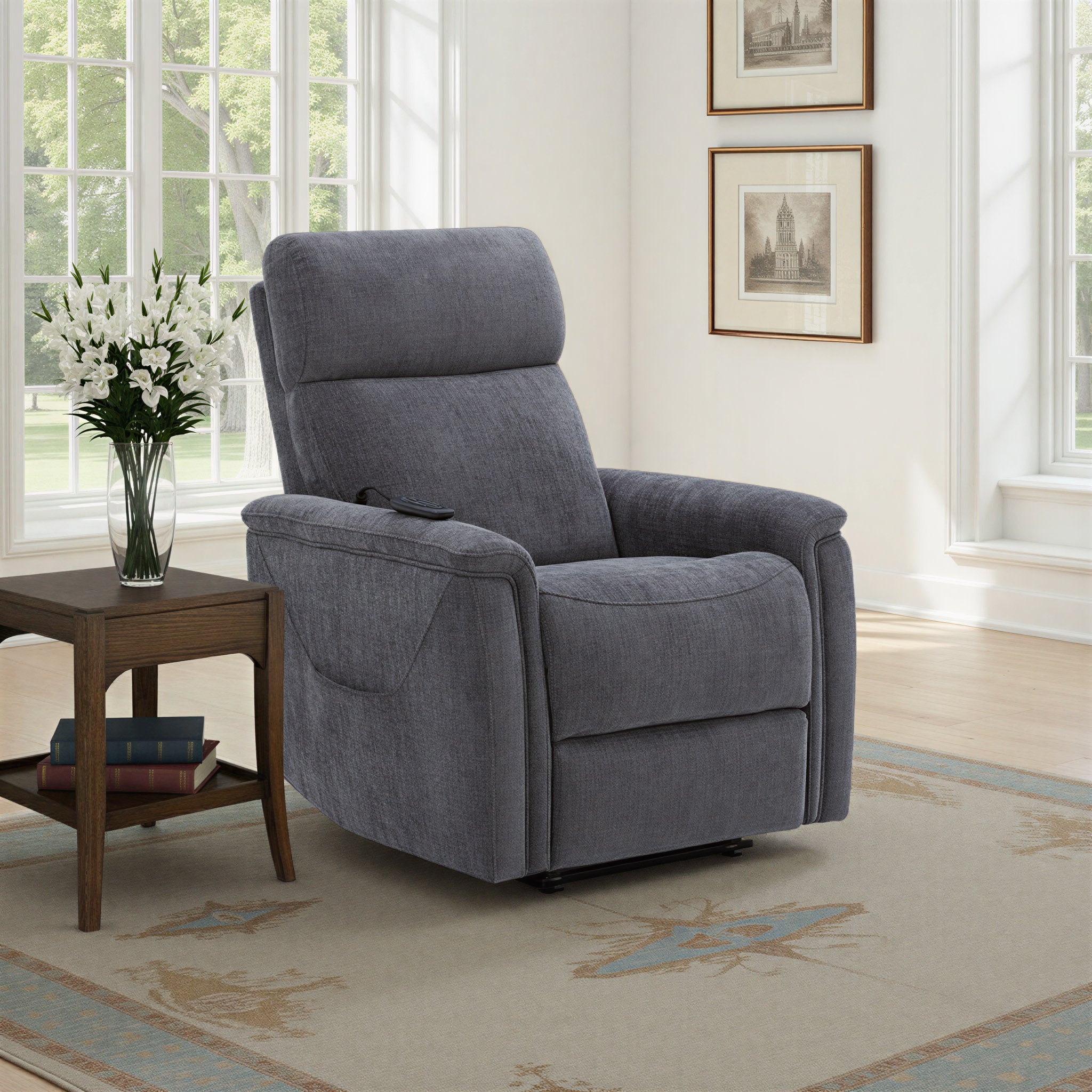 Luma Shadow Fabric Power Lift Recliner with Power Headrest, Lumbar, Heat & Massage