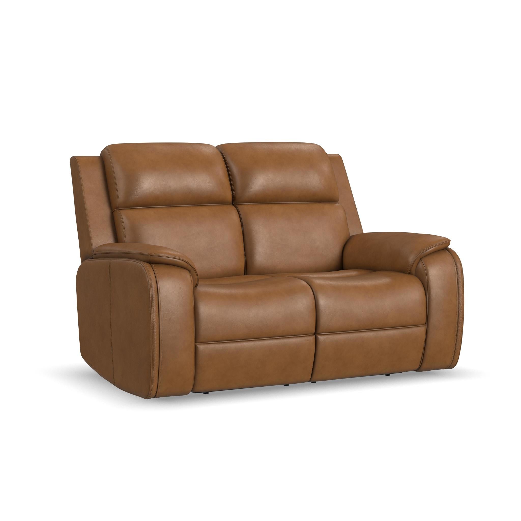 Ziggy Camel Leather Power Reclining Loveseat with Power Headrest, Lumbar, Heat & Massage