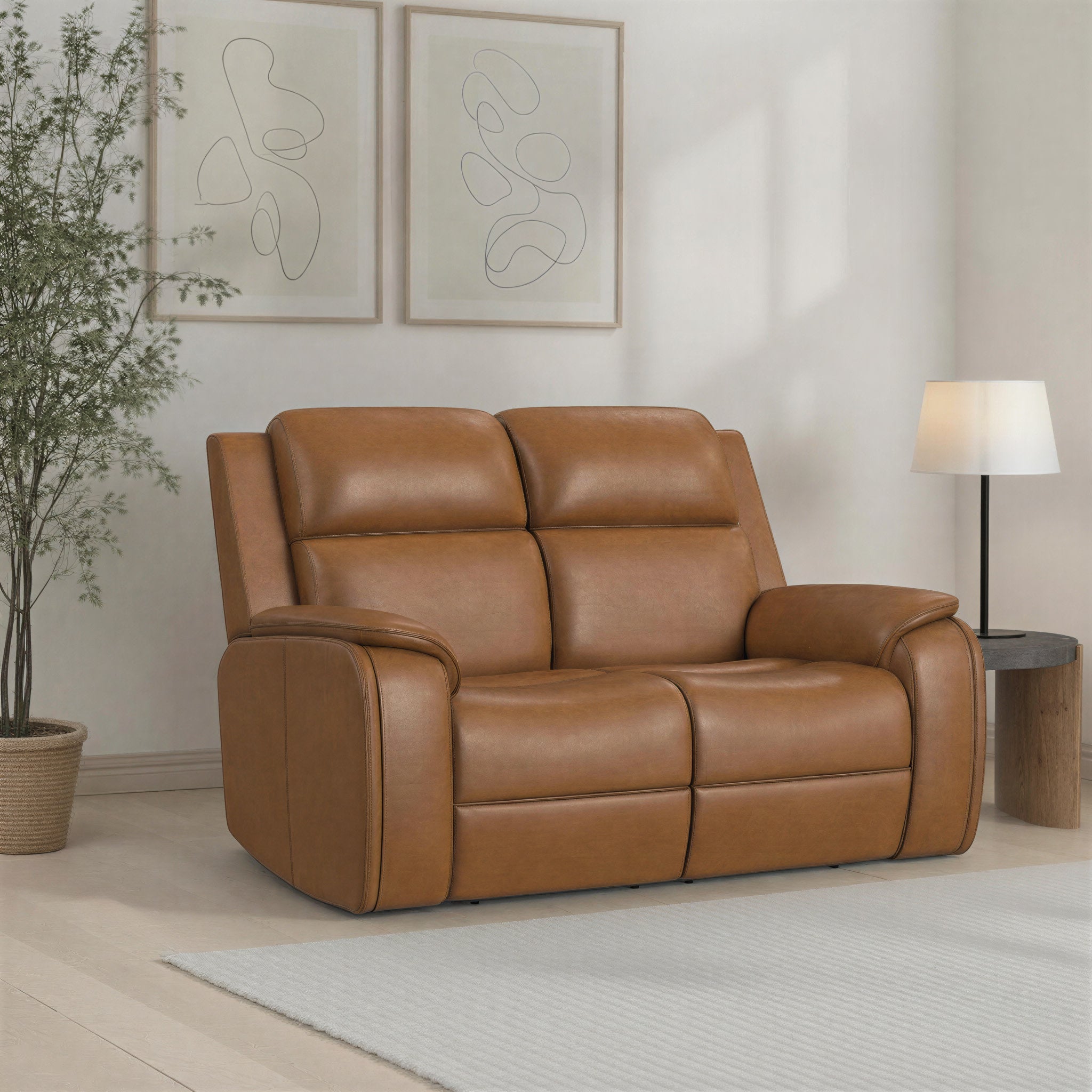 Ziggy Camel Leather Power Reclining Loveseat with Power Headrest, Lumbar, Heat & Massage