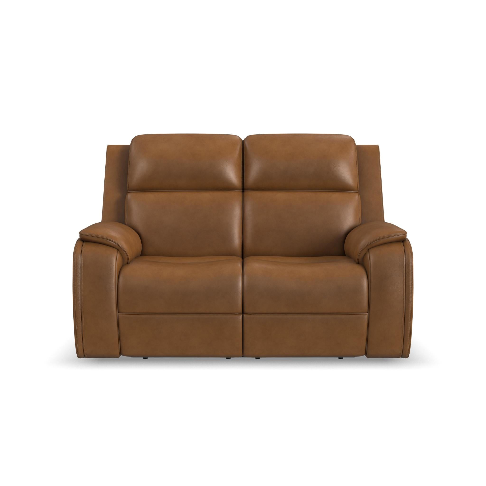 Ziggy Camel Leather Power Reclining Loveseat with Power Headrest, Lumbar, Heat & Massage