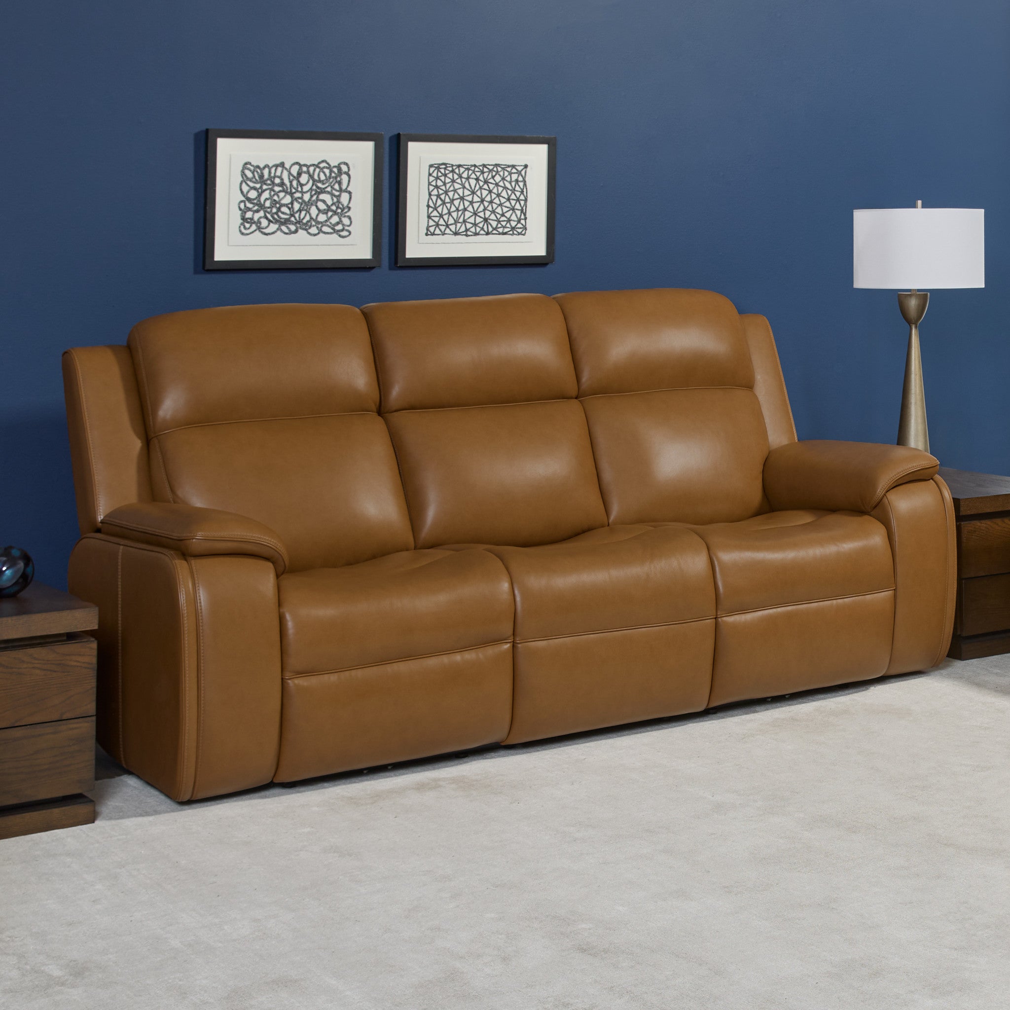 Ziggy Camel Leather Power Reclining Sofa with Power Headrest, Lumbar, Heat & Massage