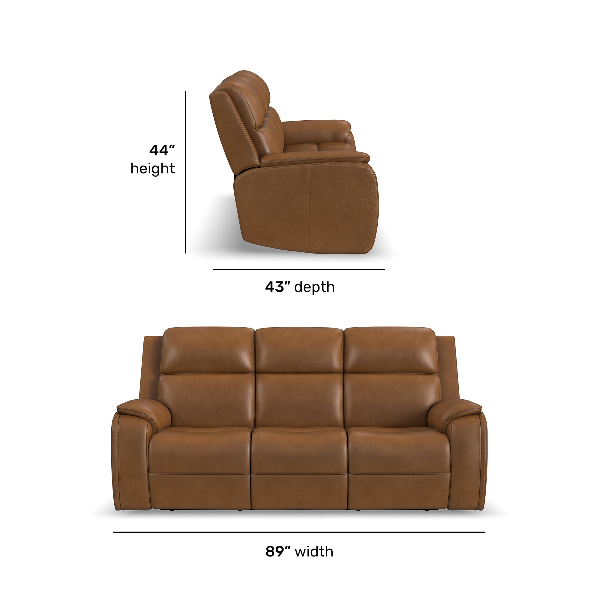 Ziggy Camel Leather Power Reclining Sofa with Power Headrest, Lumbar, Heat & Massage