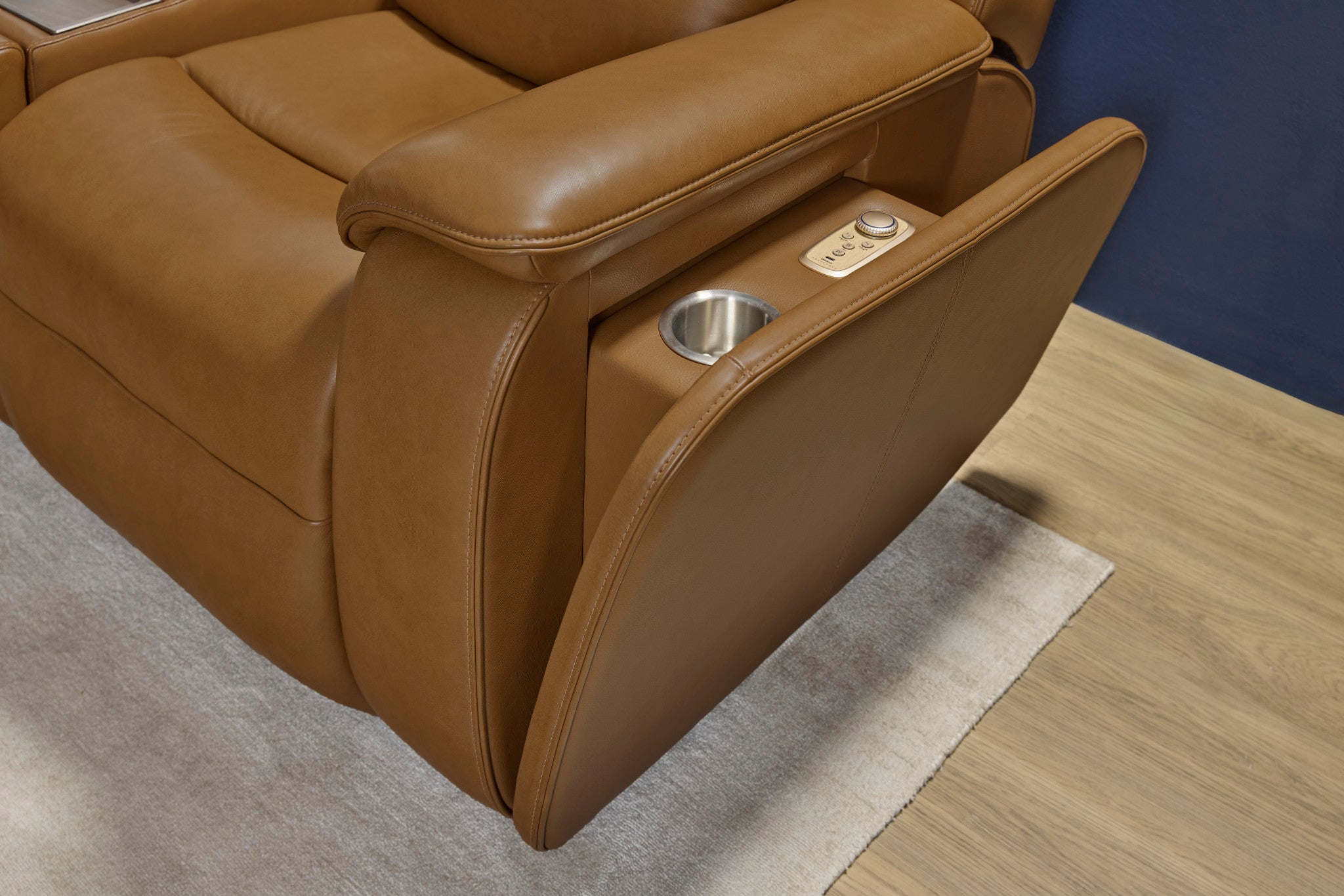 Ziggy Camel Leather Power Reclining Sofa with Power Headrest, Lumbar, Heat & Massage
