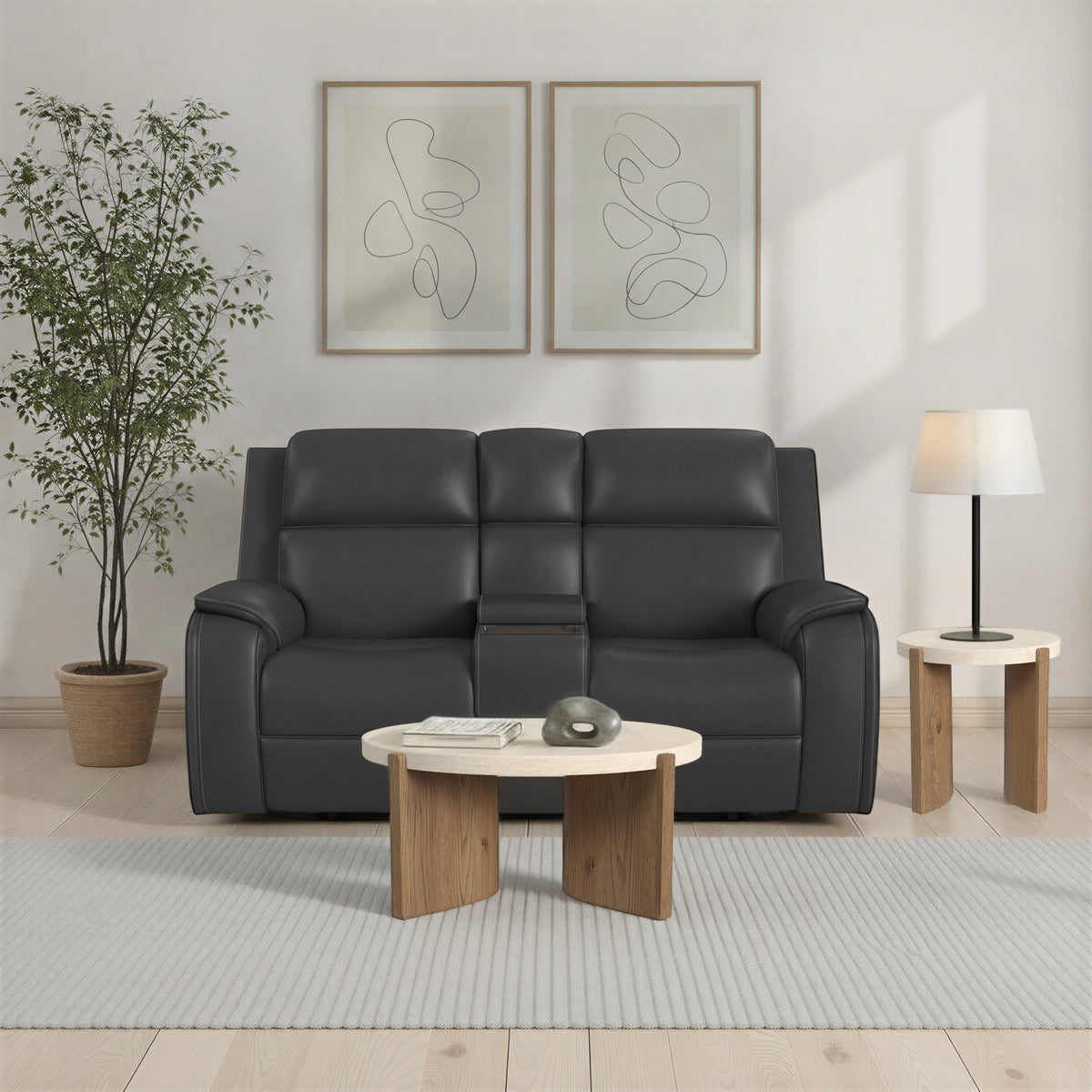 Ziggy Leather Power Reclining Loveseat with Console, Power Headrest, Lumbar, Heat & Massage