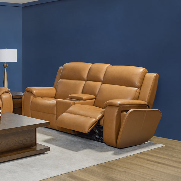 Ziggy Leather Power Reclining Loveseat with Console, Power Headrest, Lumbar, Heat & Massage