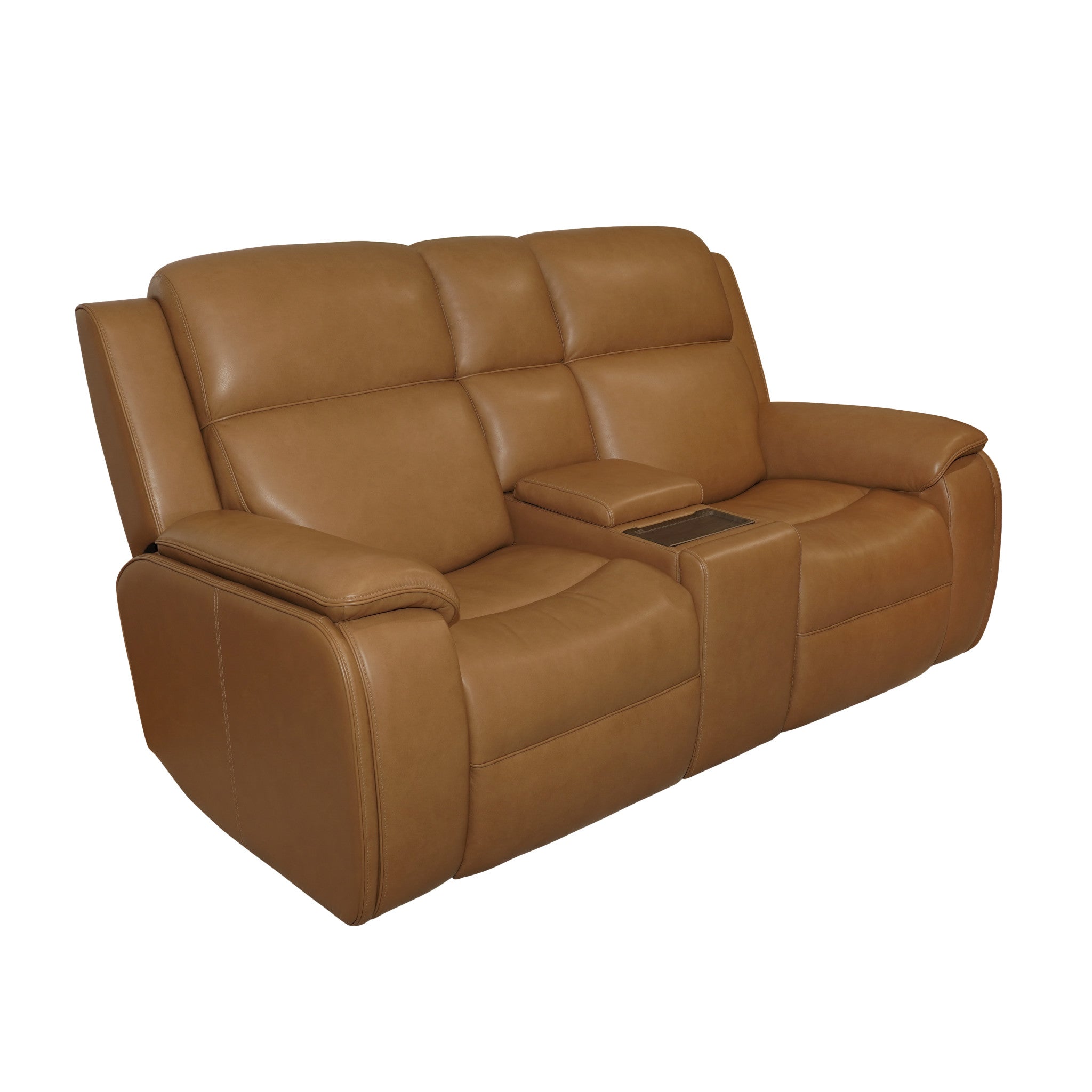 Ziggy Camel Leather Power Reclining Loveseat with Console, Power Headrest, Lumbar, Heat & Massage