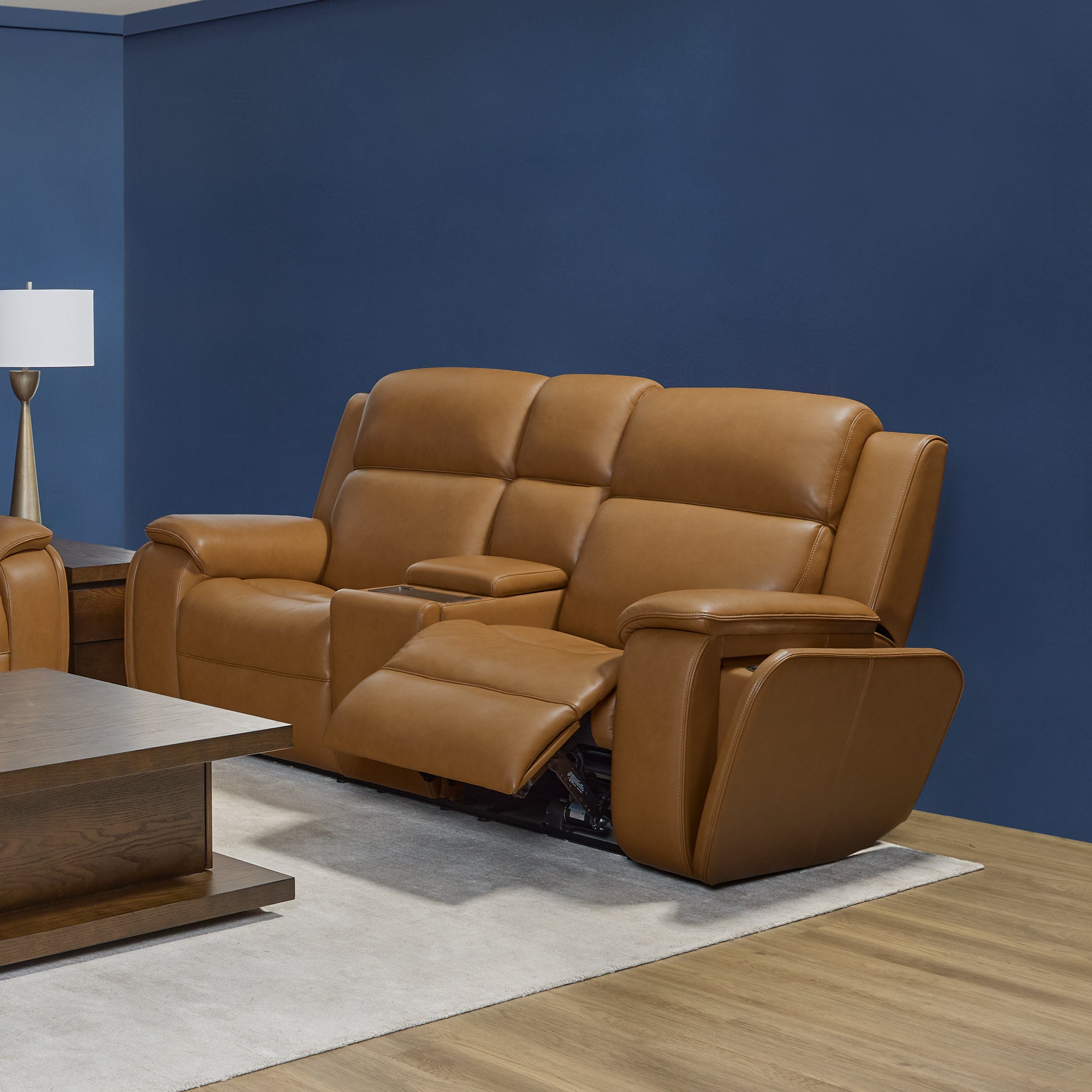 Ziggy Camel Leather Power Reclining Loveseat with Console, Power Headrest, Lumbar, Heat & Massage