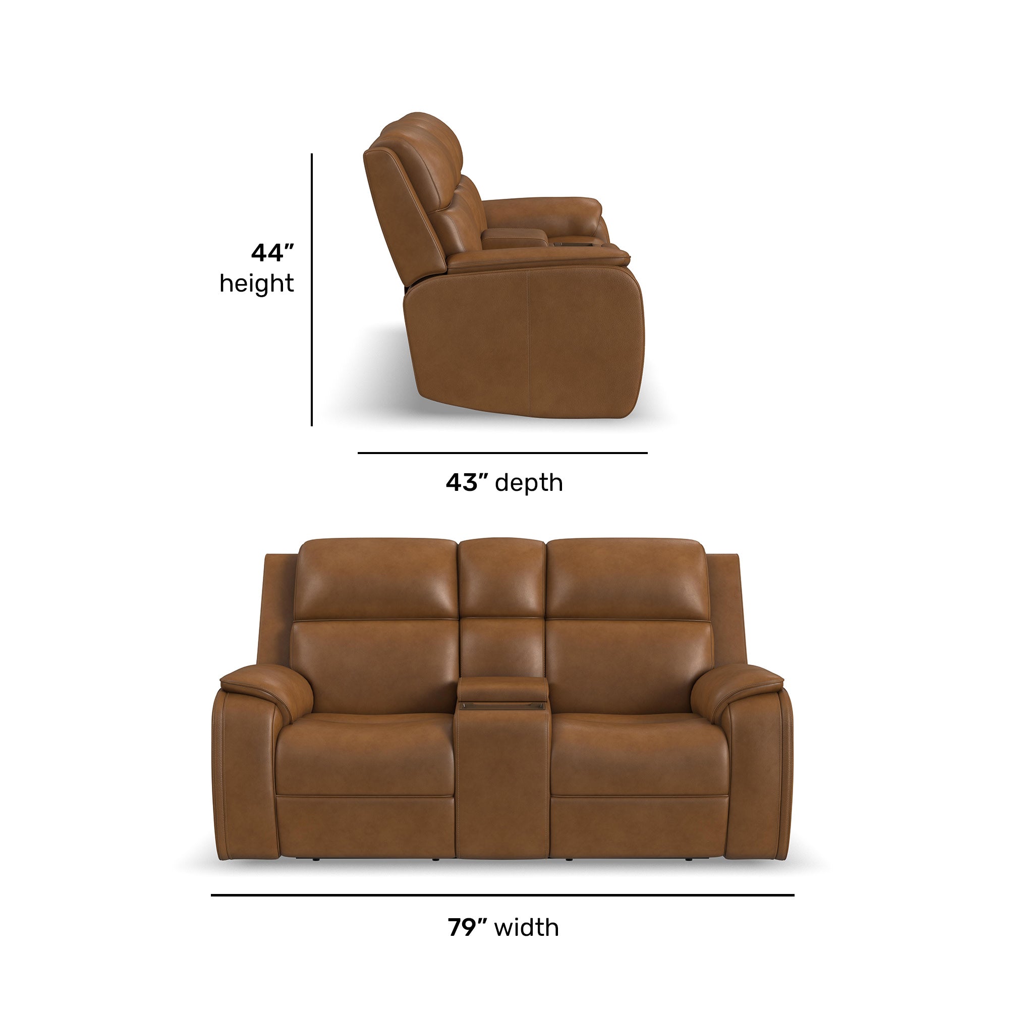 Ziggy Camel Leather Power Reclining Loveseat with Console, Power Headrest, Lumbar, Heat & Massage