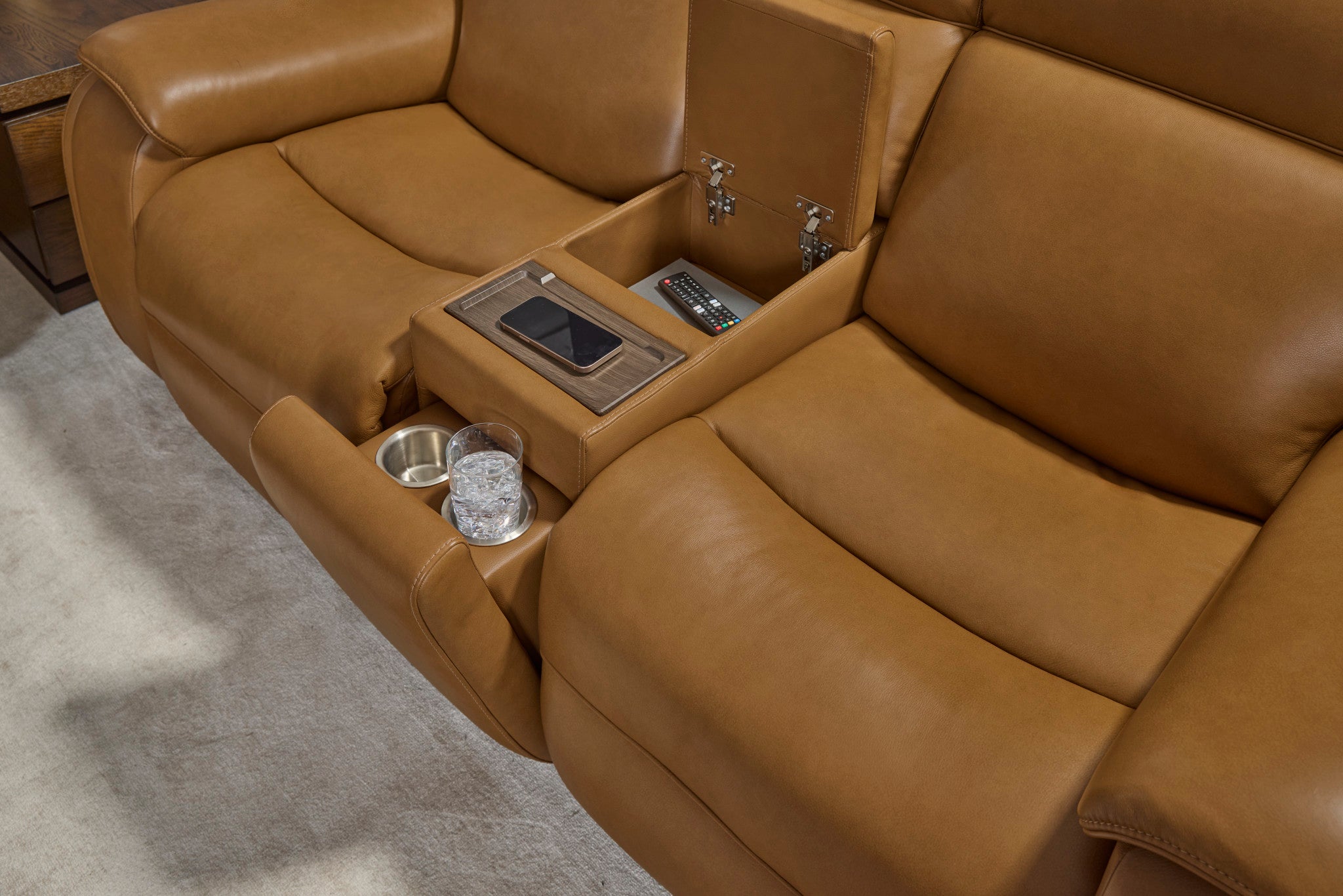 Ziggy Camel Leather Power Reclining Loveseat with Console, Power Headrest, Lumbar, Heat & Massage