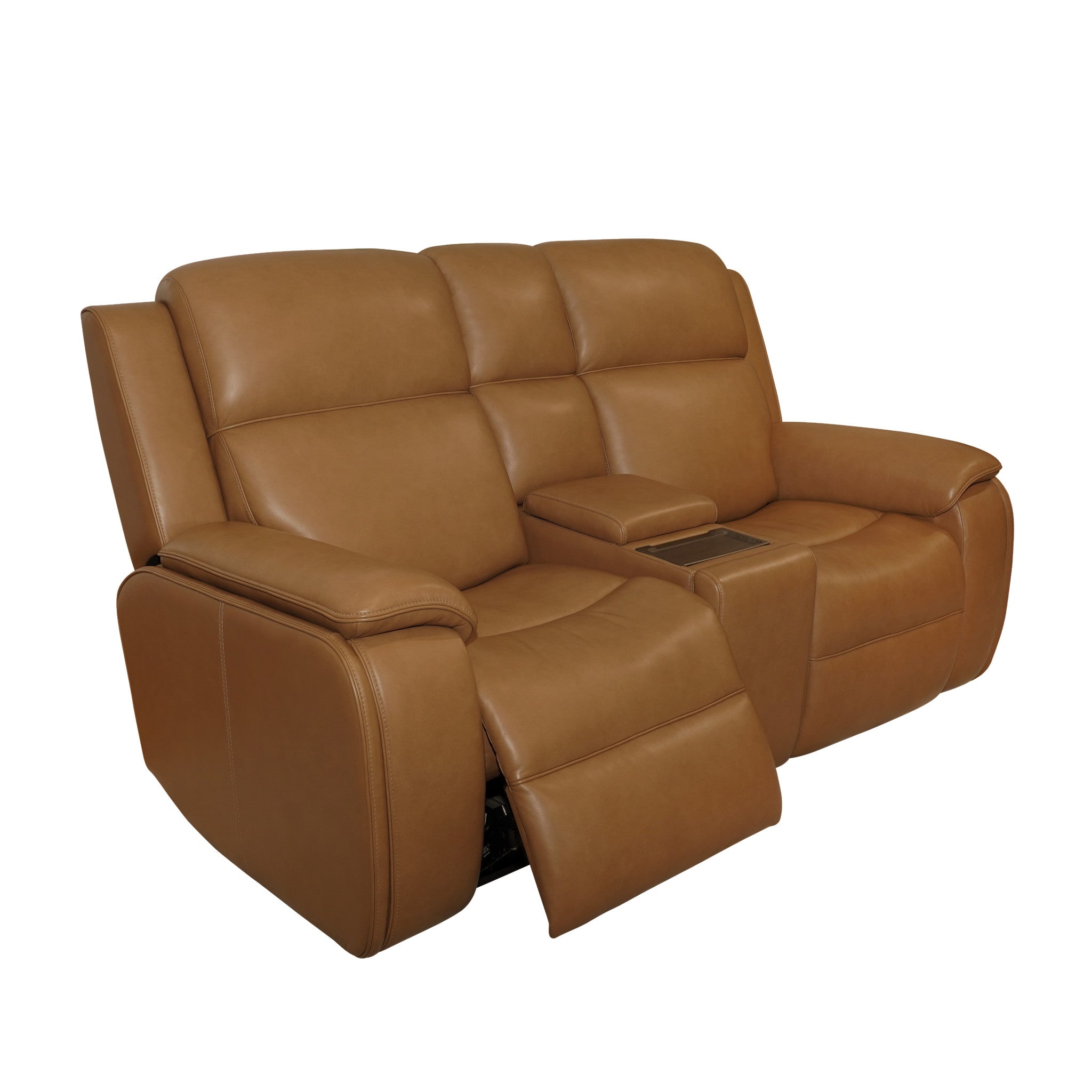 Ziggy Camel Leather Power Reclining Loveseat with Console, Power Headrest, Lumbar, Heat & Massage