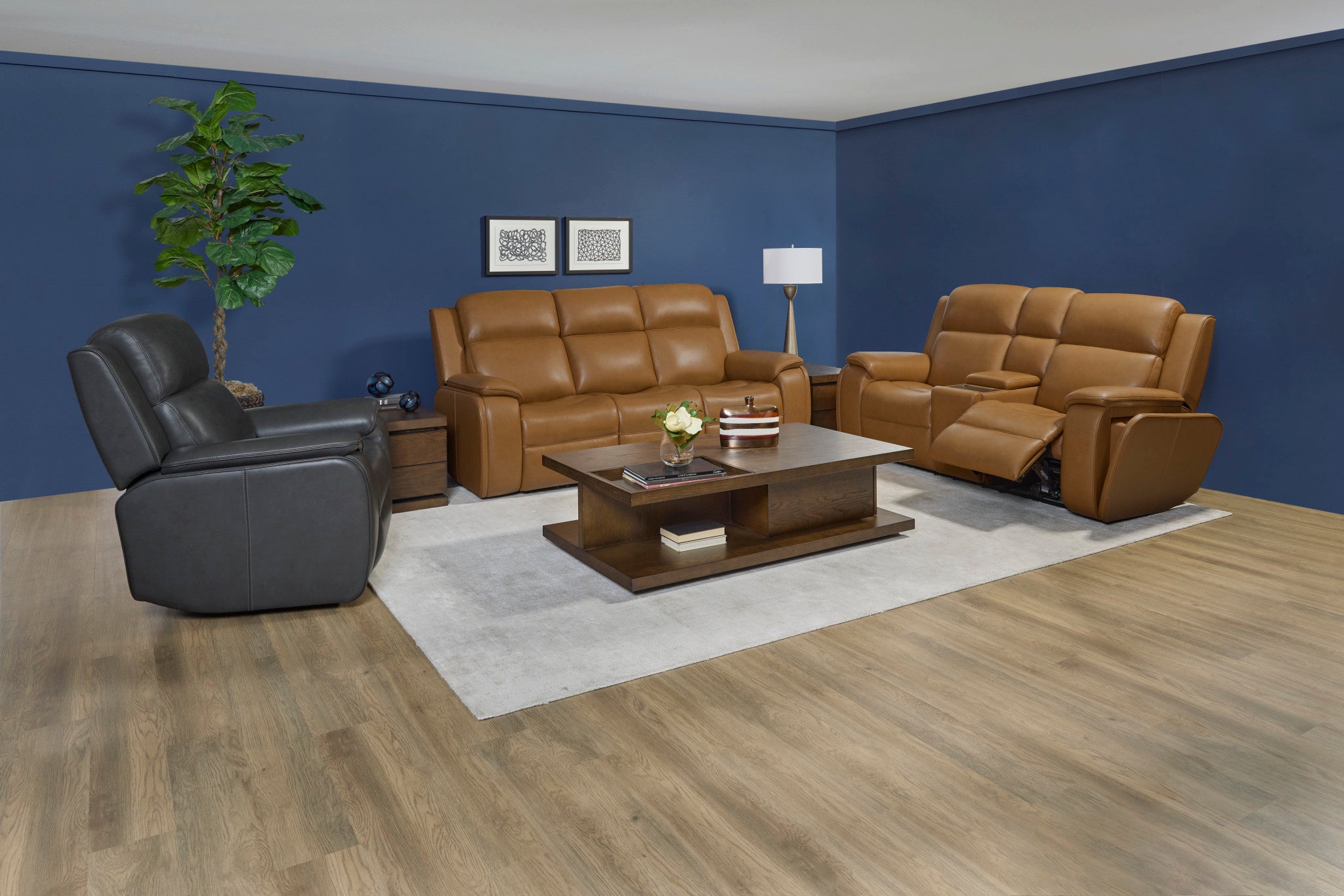 Ziggy Camel Leather Power Reclining Loveseat with Console, Power Headrest, Lumbar, Heat & Massage