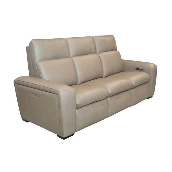 Sense Greige Leather Power Reclining Sofa with Power Headrest, Lumbar & Pulse