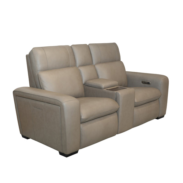 Sense Greige Leather Power Reclining Loveseat with Console, Power Headrest, Lumbar & Pulse