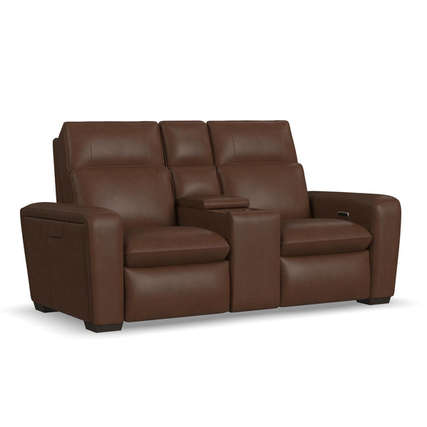 Sense Espresso Leather Power Reclining Loveseat with Console, Power Headrest, Lumbar & Pulse