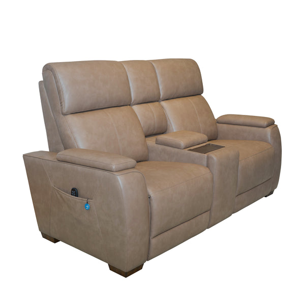 Vibe Taupe Fabric Power Reclining Loveseat with Console, Power Headrest, Lumbar, Heat, Massage & Pulse