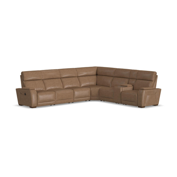 Vibe Taupe Leather Power Reclining Sectional with Power Headrest, Lumbar, Heat, Massage & Pulse