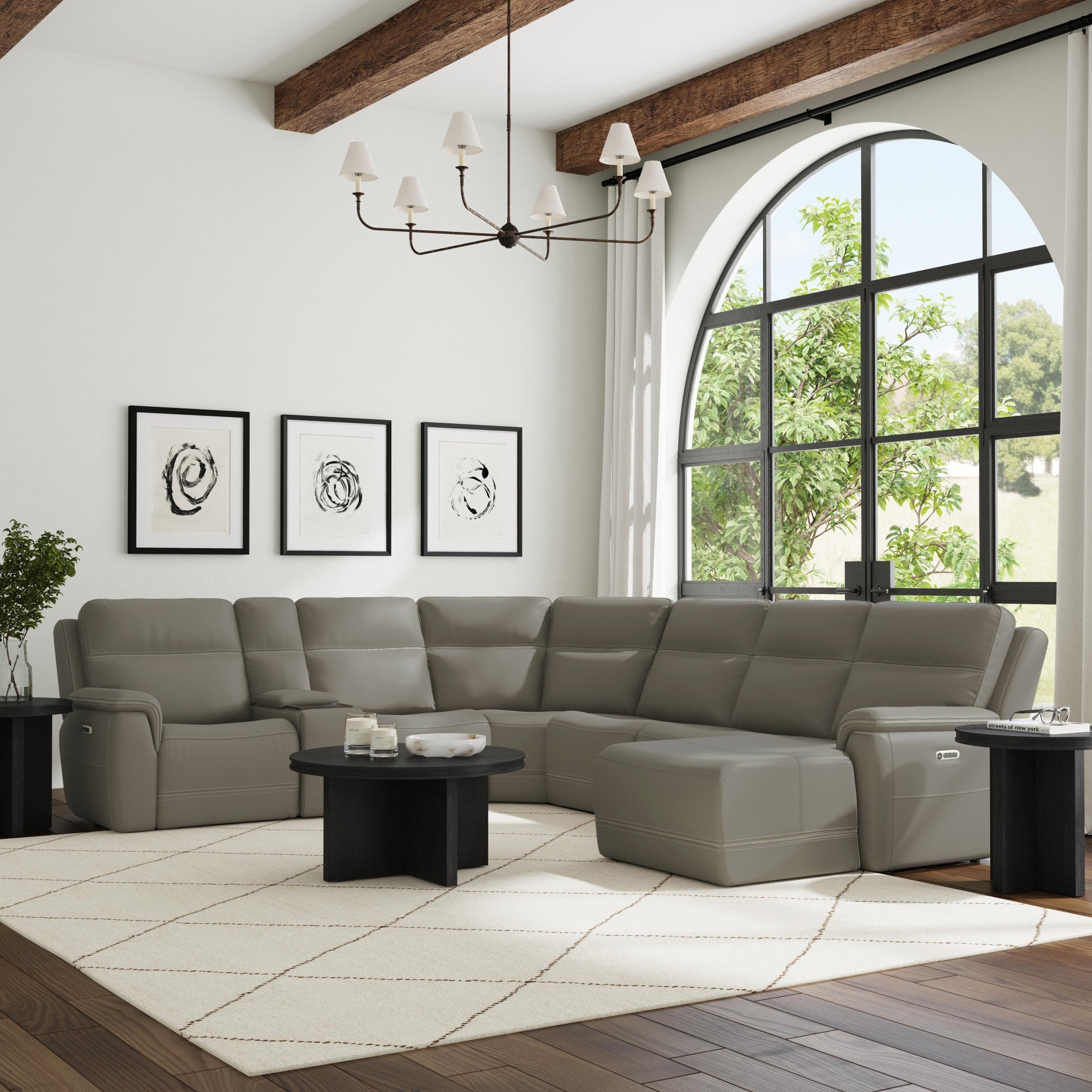 Sawyer Grey Leather Power Reclining Sectional with Power Headrests & Lumbar