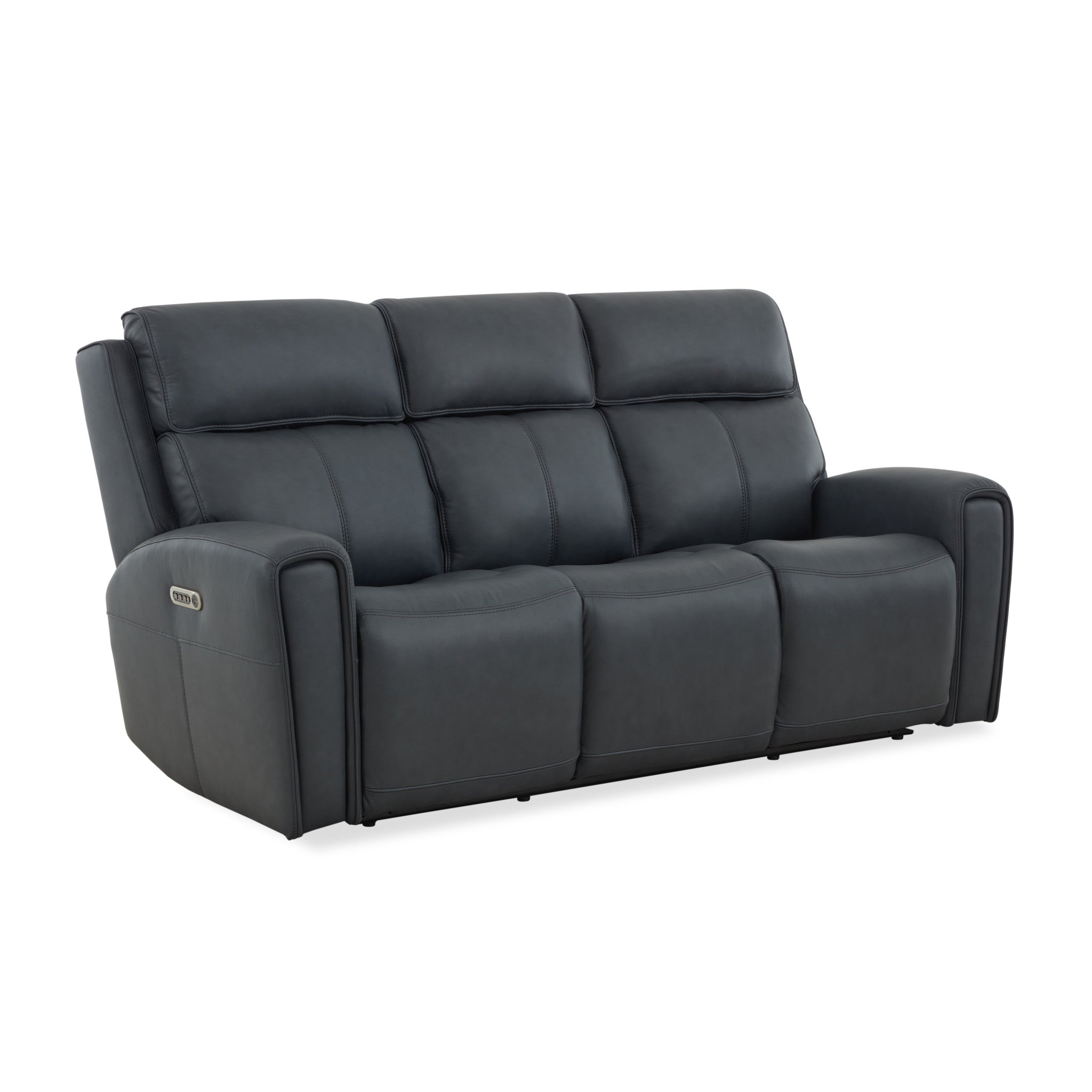 Warren True Navy Leather Power Reclining Sofa with Console, Power Headrest & Lumbar