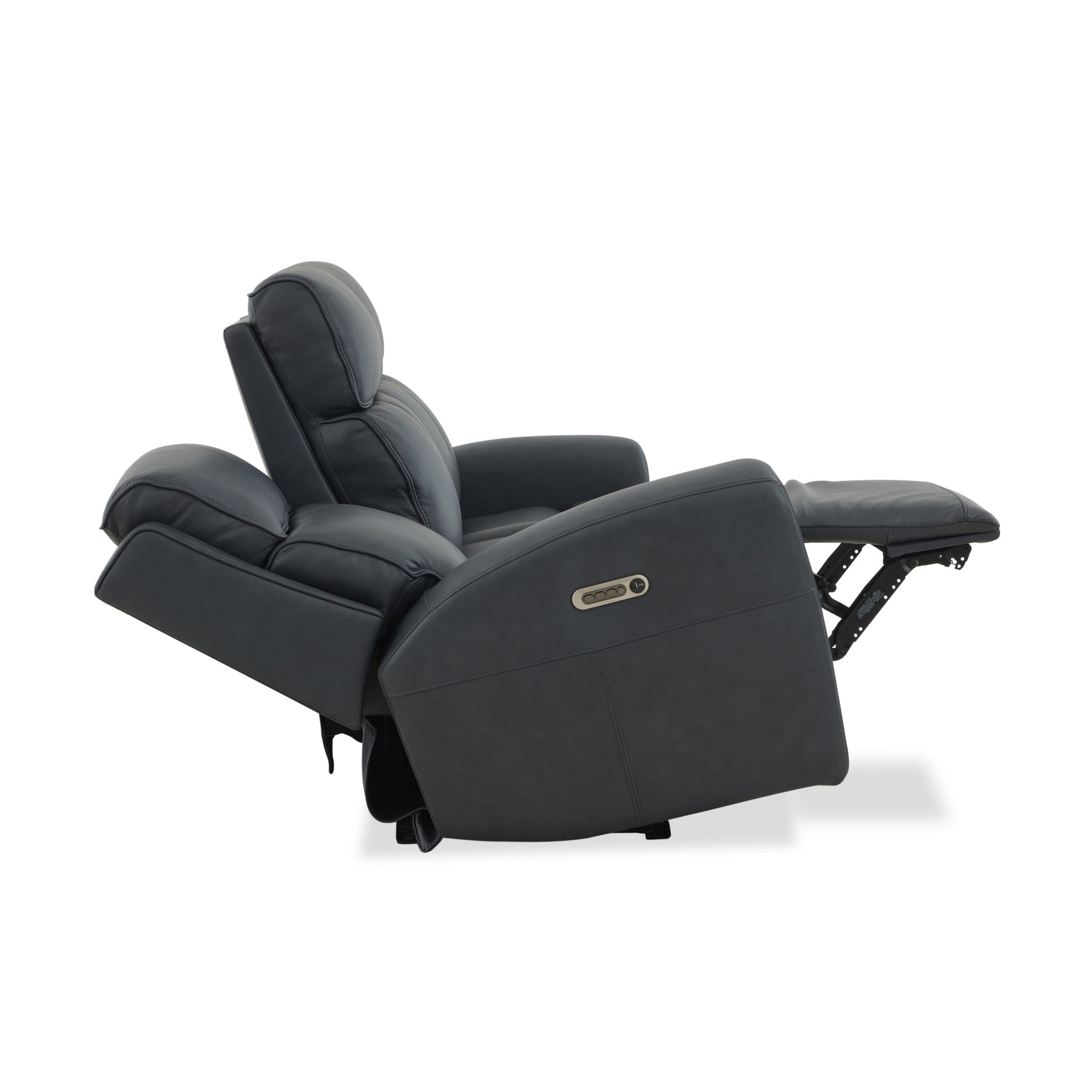 Warren True Navy Leather Power Reclining Sofa with Console, Power Headrest & Lumbar