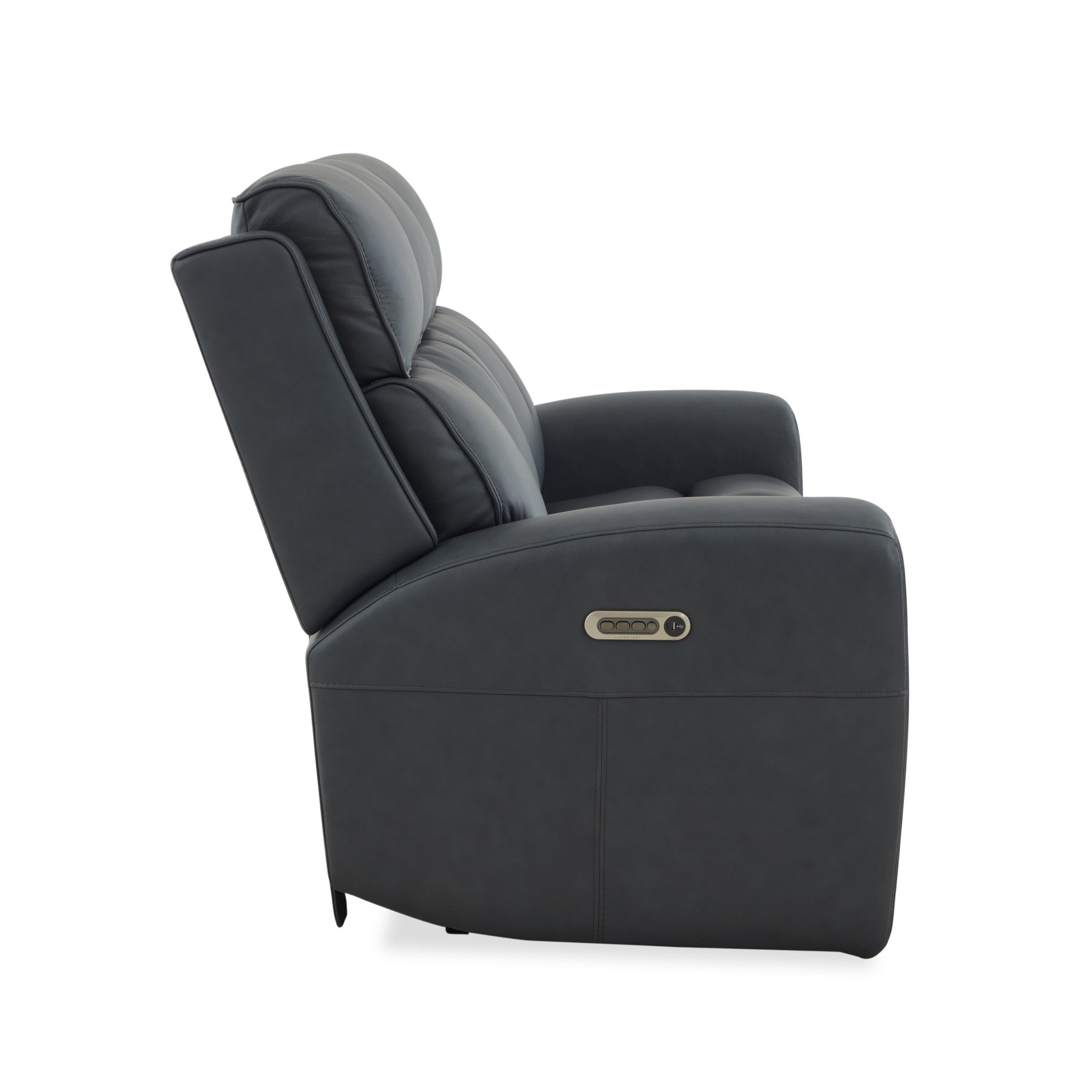 Warren True Navy Leather Power Reclining Sofa with Console, Power Headrest & Lumbar