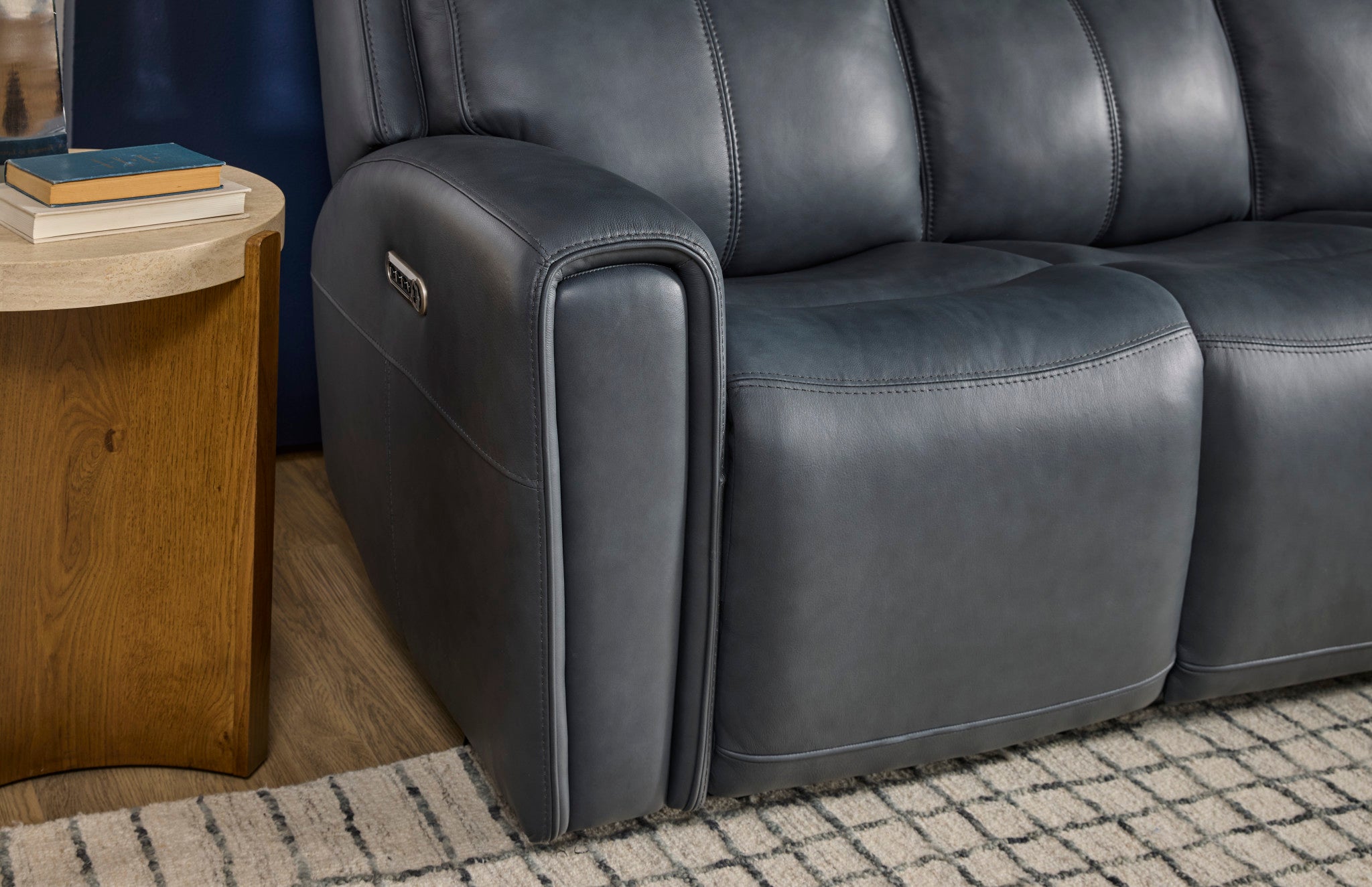 Warren True Navy Leather Power Reclining Sofa with Console, Power Headrest & Lumbar