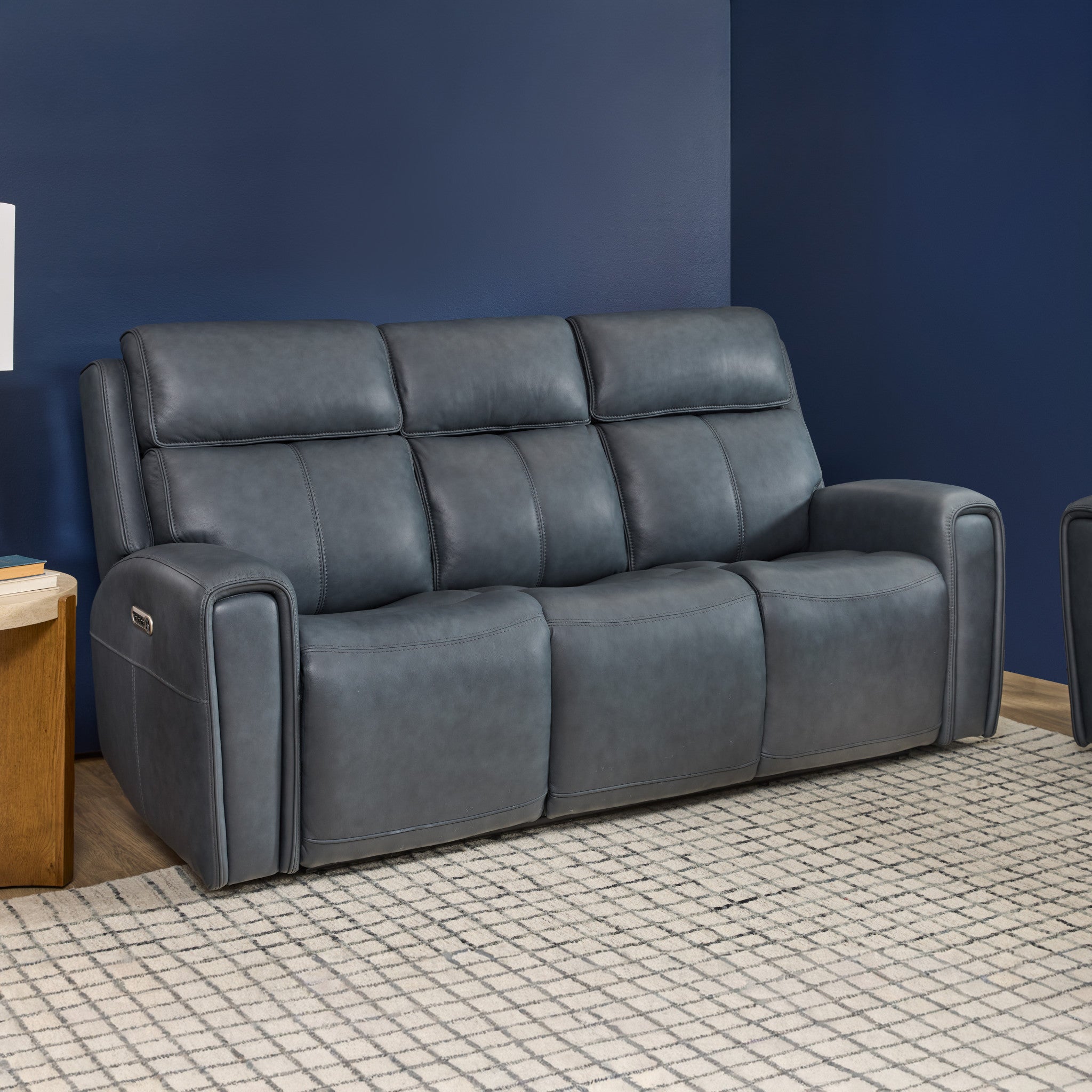 Warren True Navy Leather Power Reclining Sofa with Console, Power Headrest & Lumbar