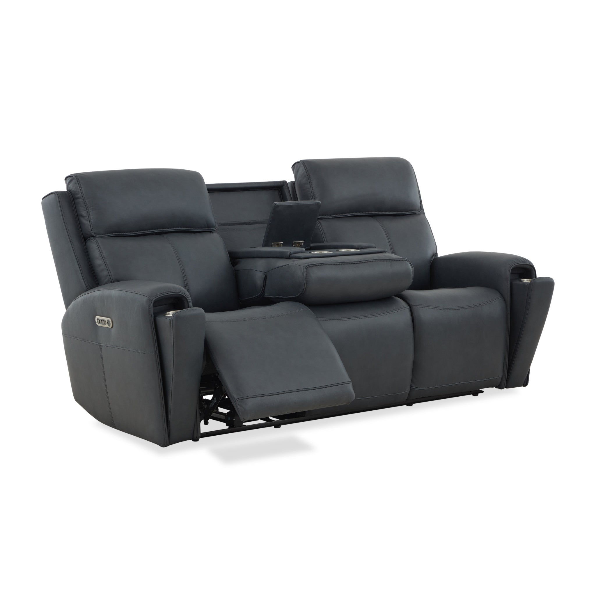 Warren True Navy Leather Power Reclining Sofa with Console, Power Headrest & Lumbar
