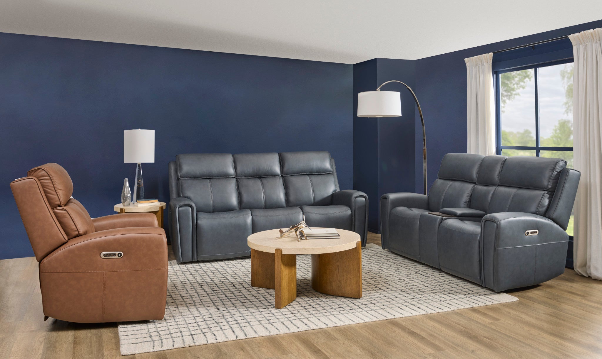 Warren True Navy Leather Power Reclining Sofa with Console, Power Headrest & Lumbar