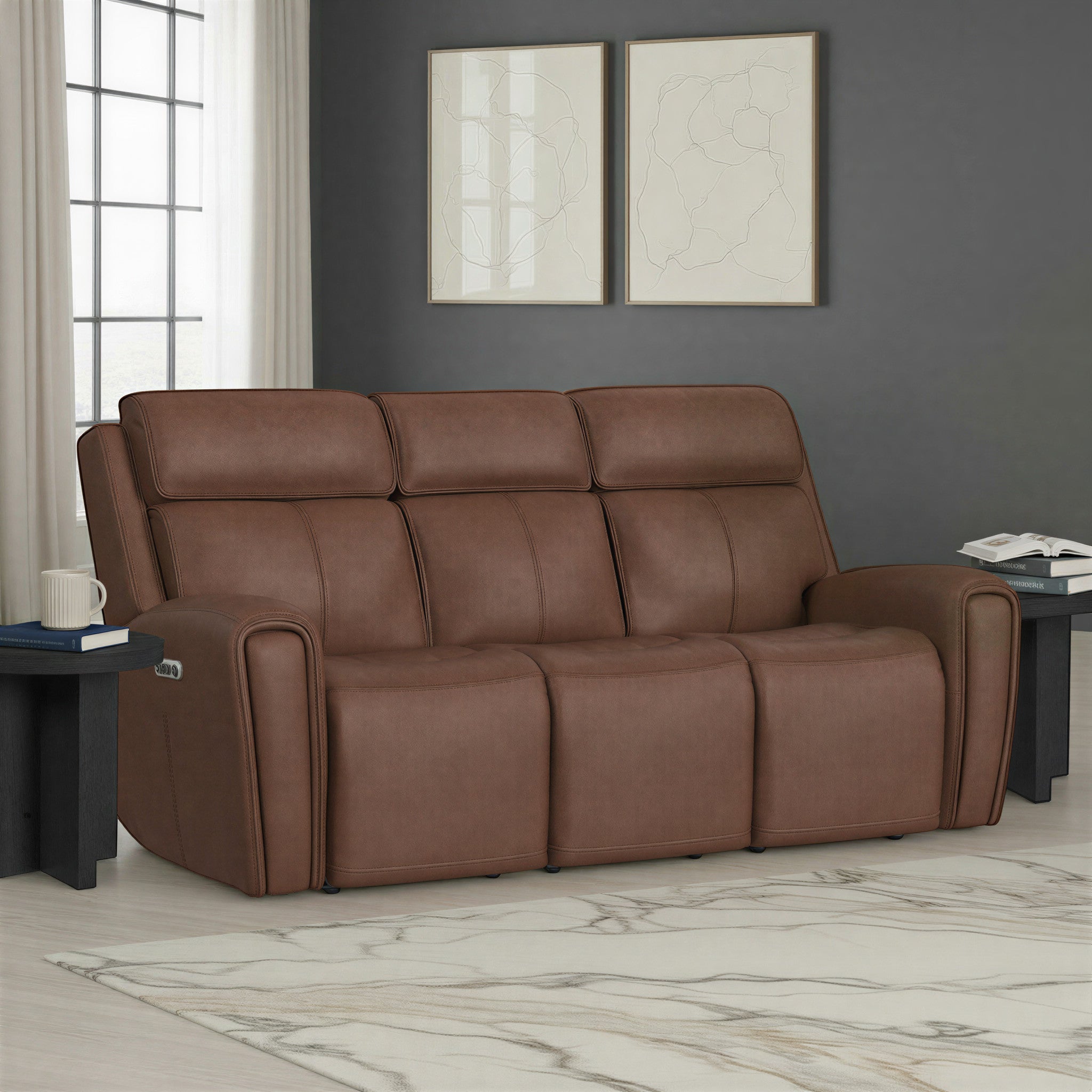 Warren Leather Power Reclining Sofa with Console, Power Headrest & Lumbar