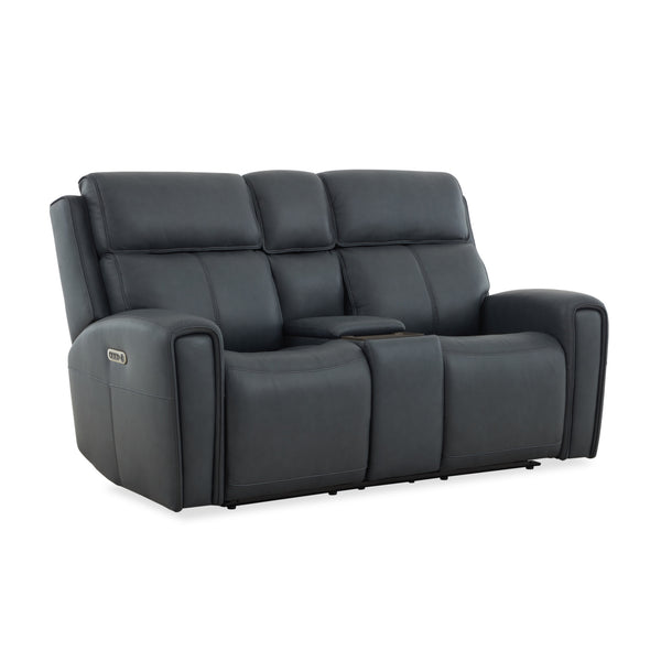 Warren True Navy Leather Power Reclining Loveseat with Console, Power Headrest & Lumbar