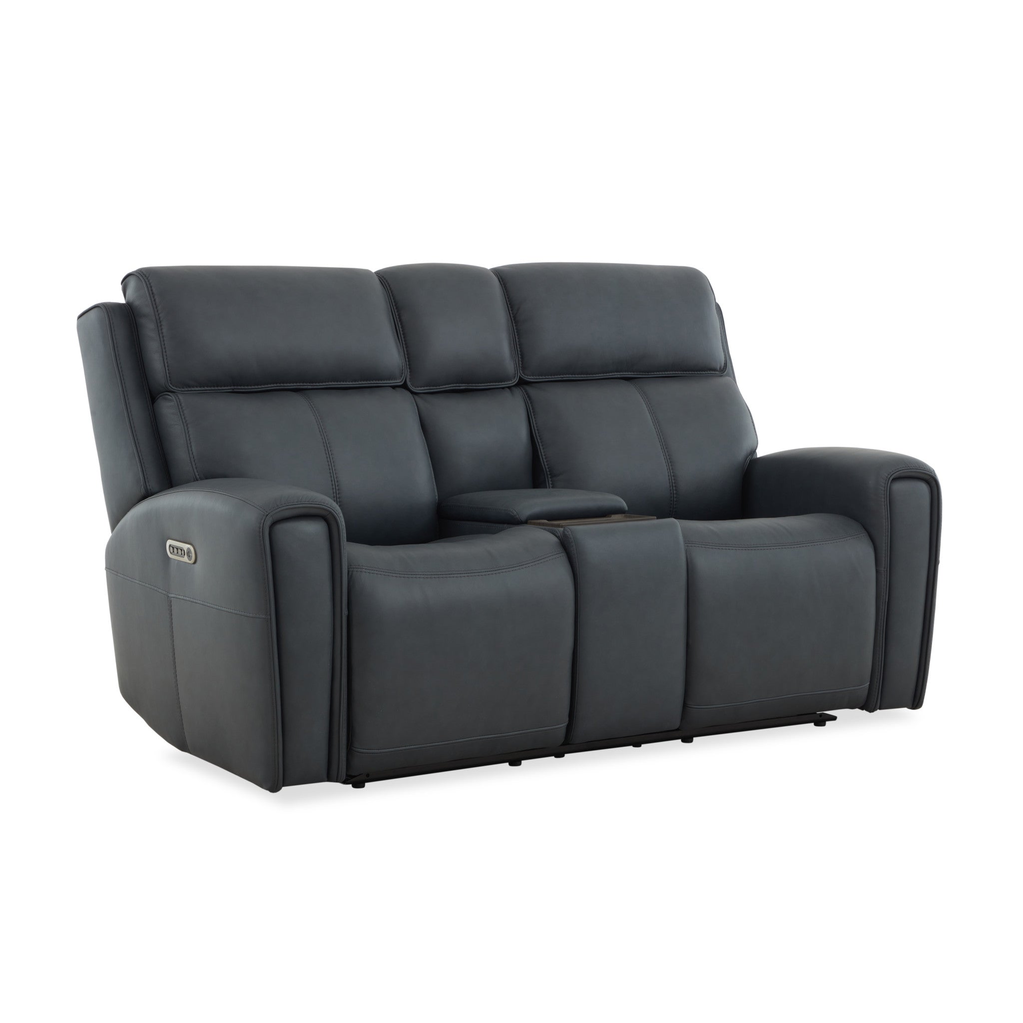 Warren True Navy Leather Power Reclining Loveseat with Console, Power Headrest & Lumbar