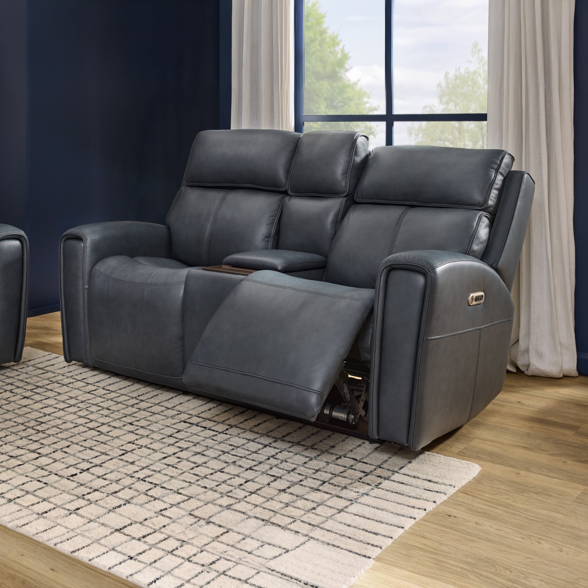 Warren True Navy Leather Power Reclining Loveseat with Console, Power Headrest & Lumbar