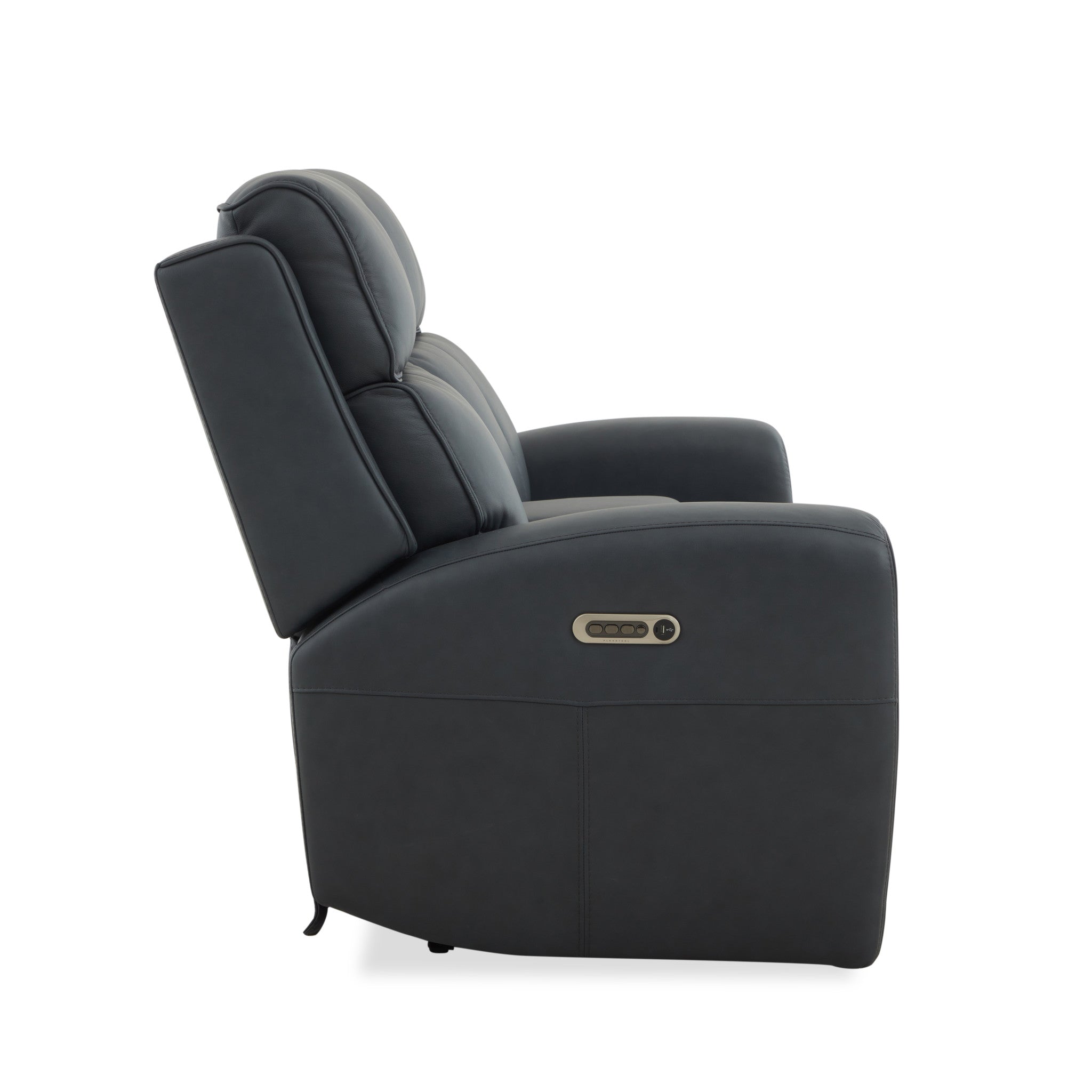 Warren True Navy Leather Power Reclining Loveseat with Console, Power Headrest & Lumbar