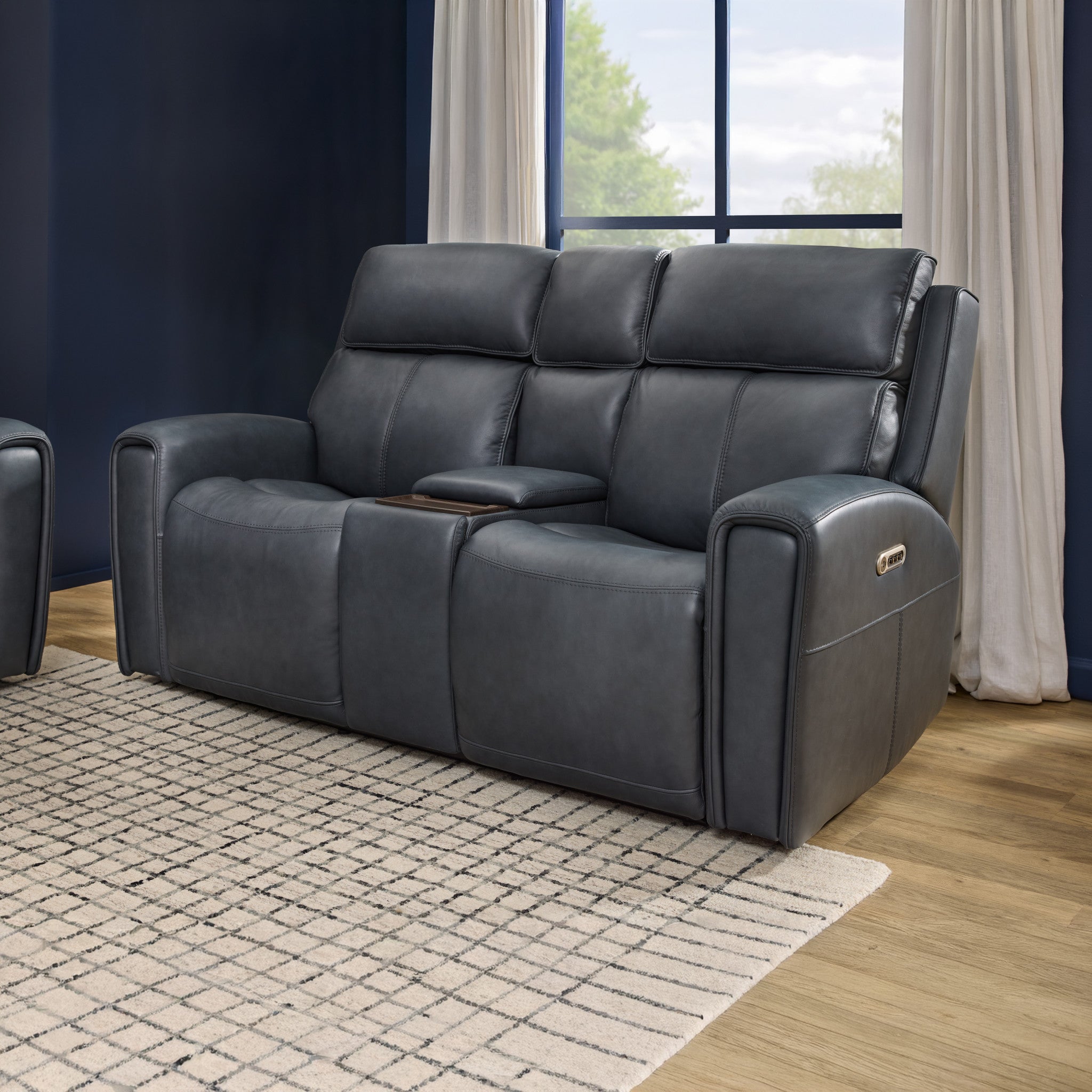 Warren True Navy Leather Power Reclining Loveseat with Console, Power Headrest & Lumbar