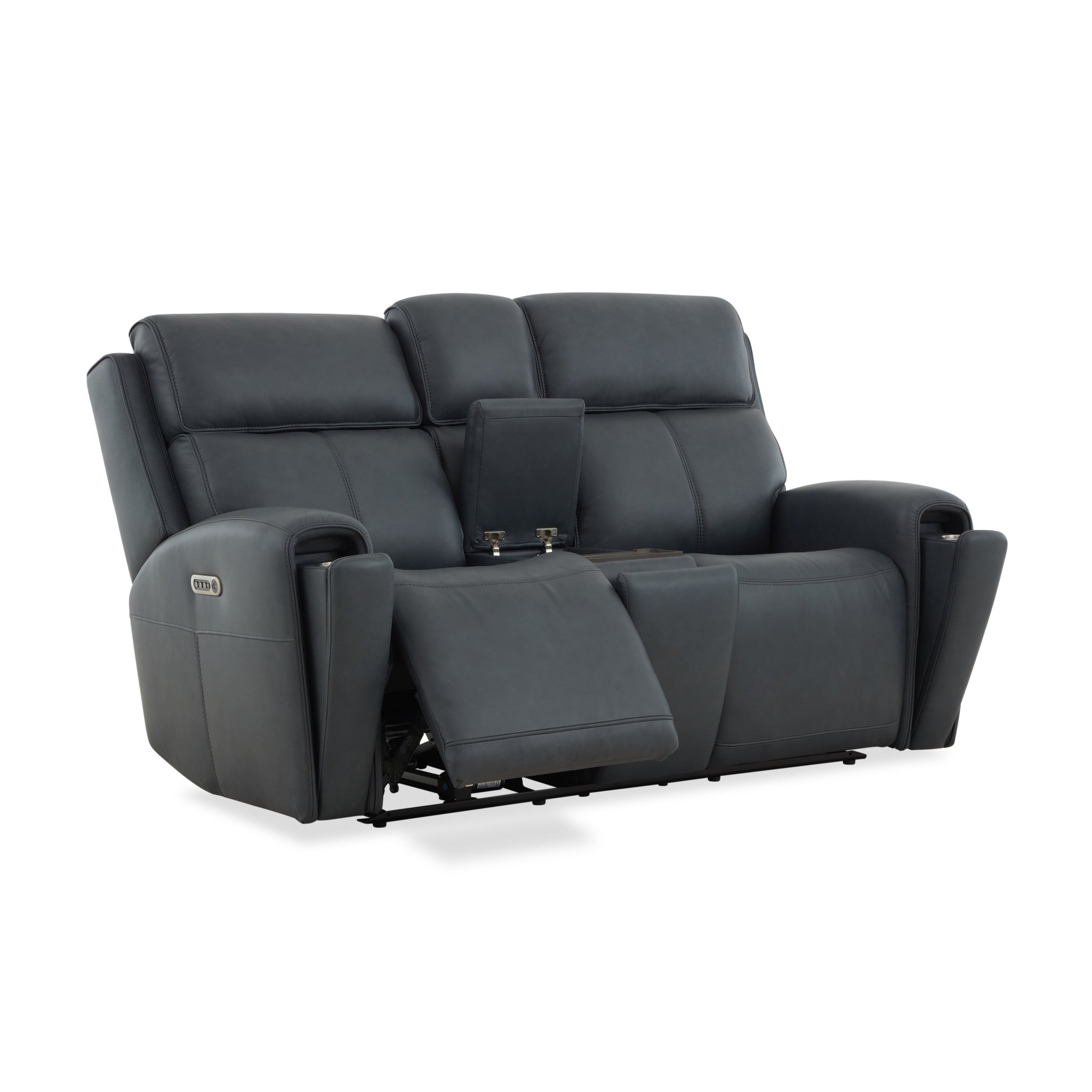 Warren True Navy Leather Power Reclining Loveseat with Console, Power Headrest & Lumbar