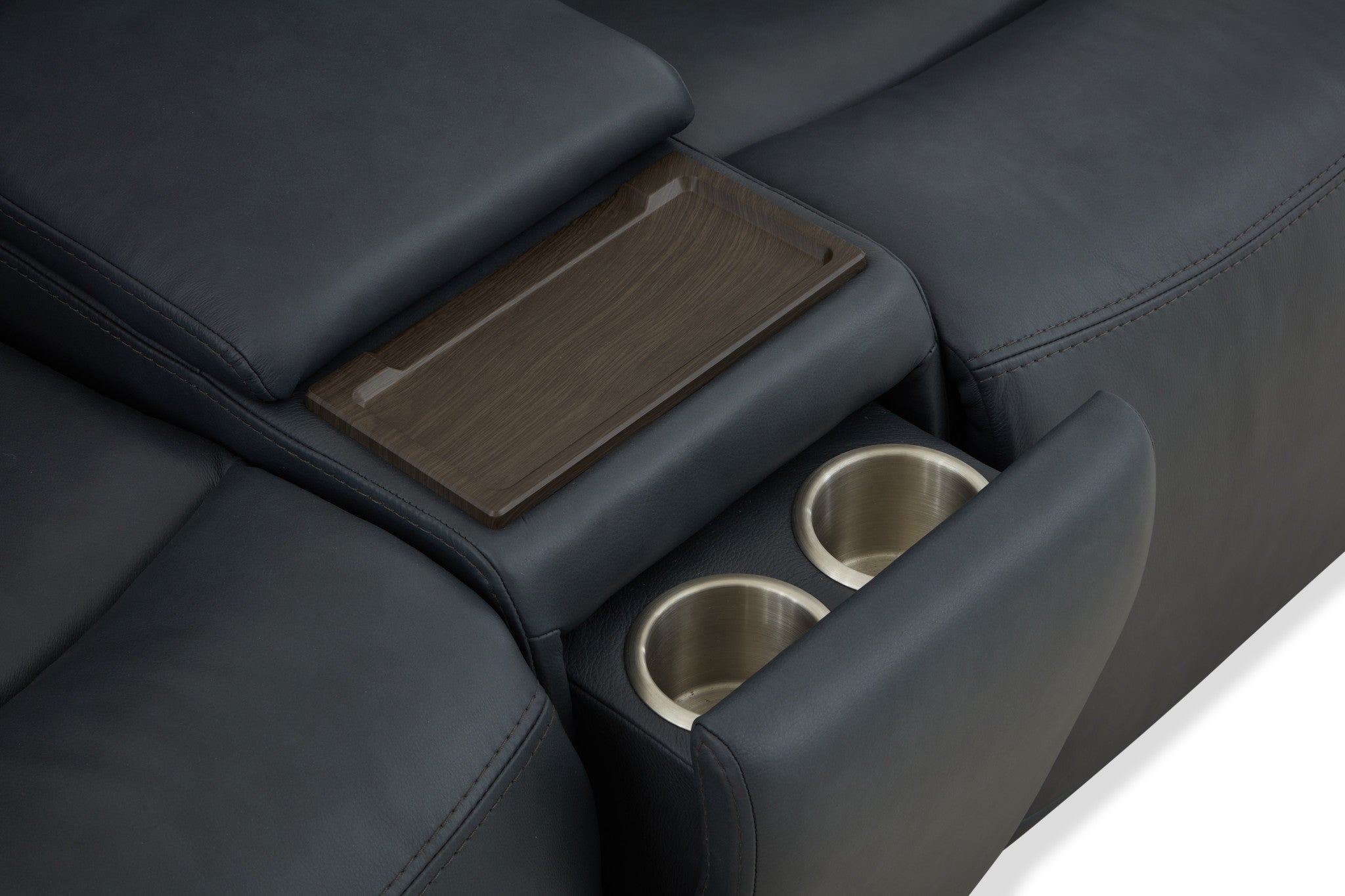 Warren True Navy Leather Power Reclining Loveseat with Console, Power Headrest & Lumbar
