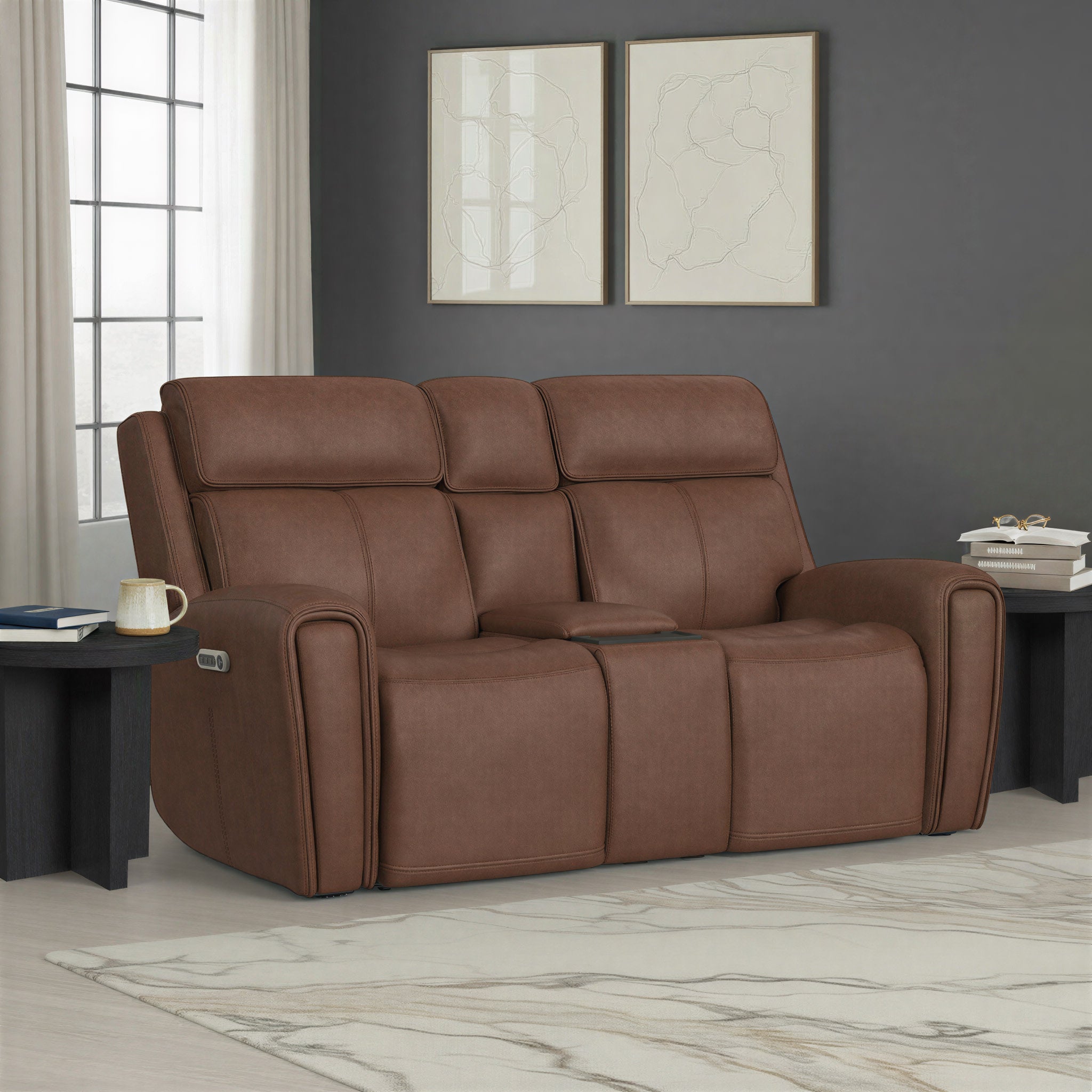 Warren Leather Power Reclining Loveseat with Console, Power Headrest & Lumbar