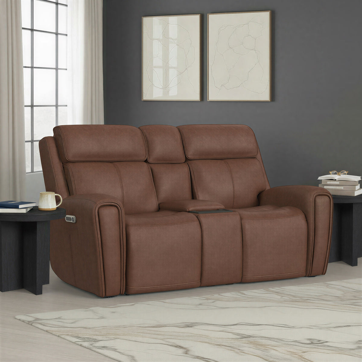 Warren Leather Power Reclining Loveseat with Console, Power Headrest & Lumbar