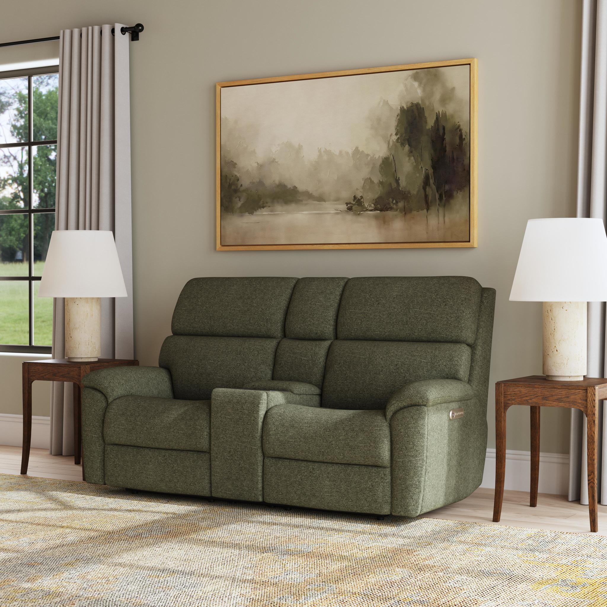Porter Fabric & Leather Power Reclining Loveseat with Console, Power Headrest, & Lumbar
