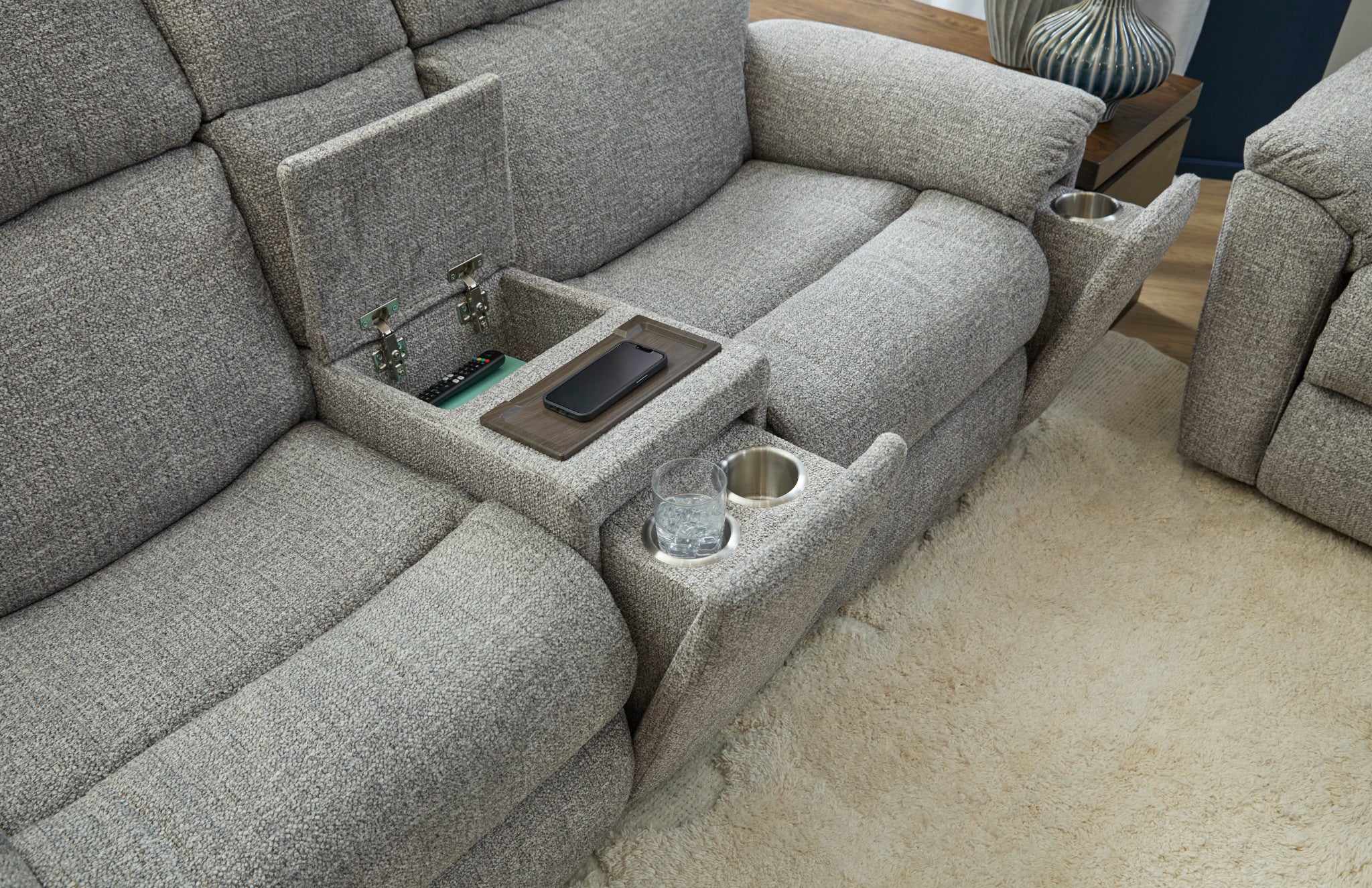 Porter Fabric & Leather Power Reclining Loveseat with Console, Power Headrest, & Lumbar