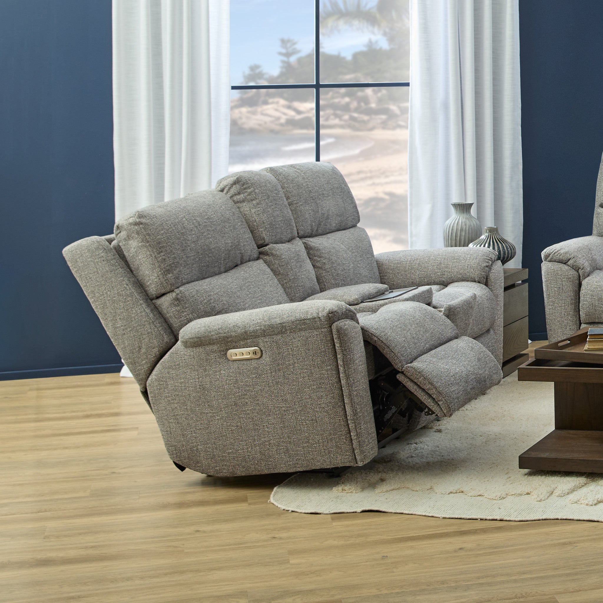 Porter Fabric & Leather Power Reclining Loveseat with Console, Power Headrest, & Lumbar