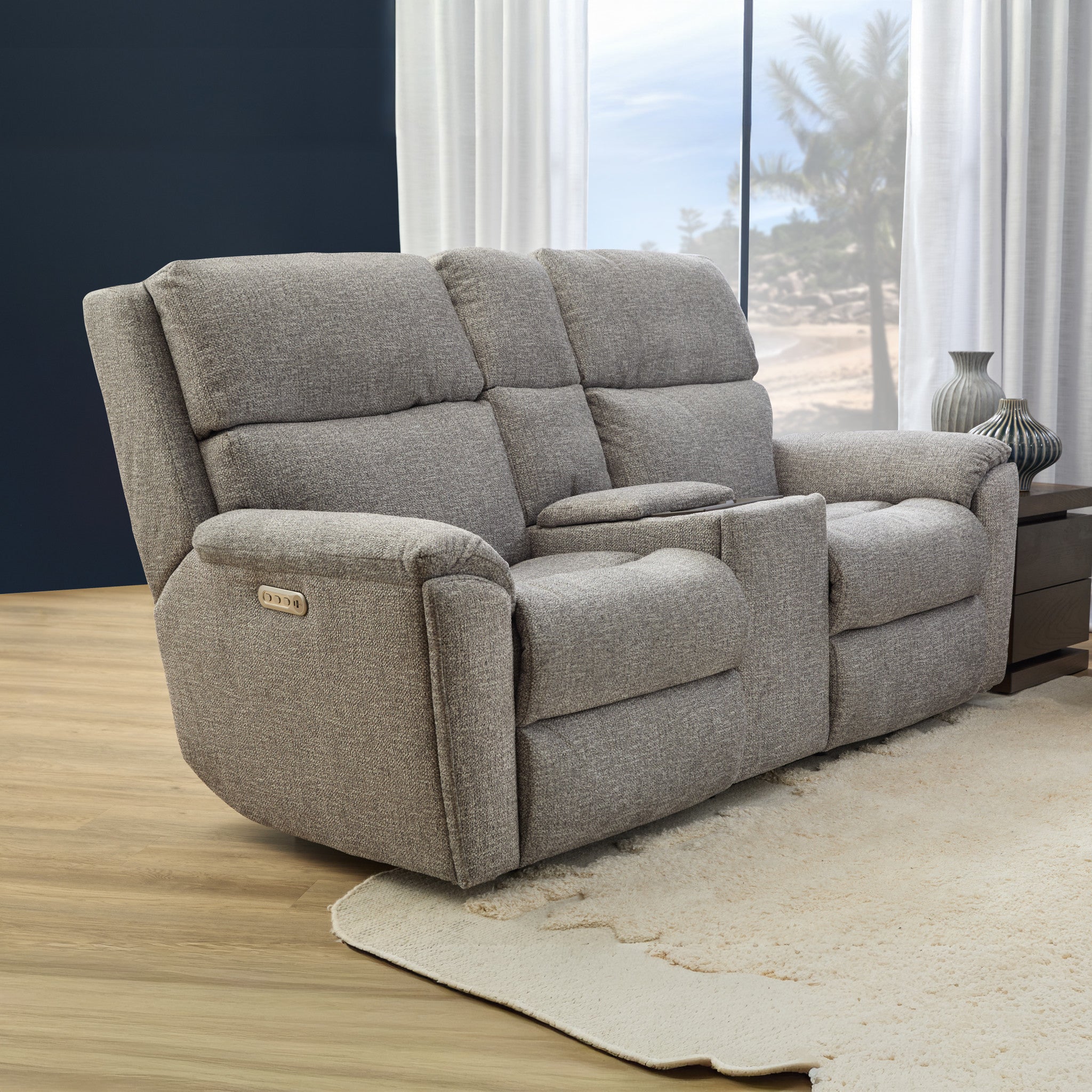 Porter Fabric & Leather Power Reclining Loveseat with Console, Power Headrest, & Lumbar