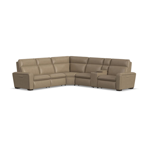Sense Greige Leather Power Reclining Sectional with Power Headrest, Lumbar & Pulse