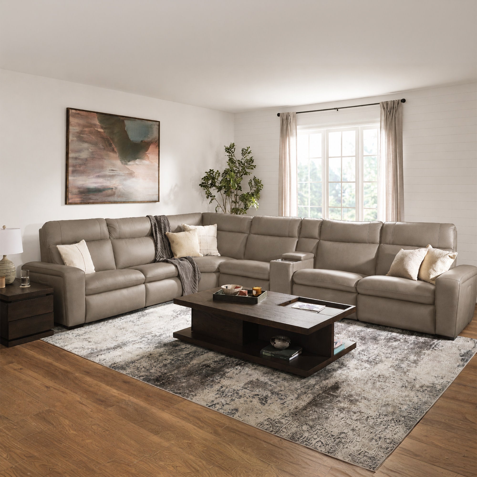 Sense Greige Leather Power Reclining Sectional with Power Headrest, Lumbar & Pulse