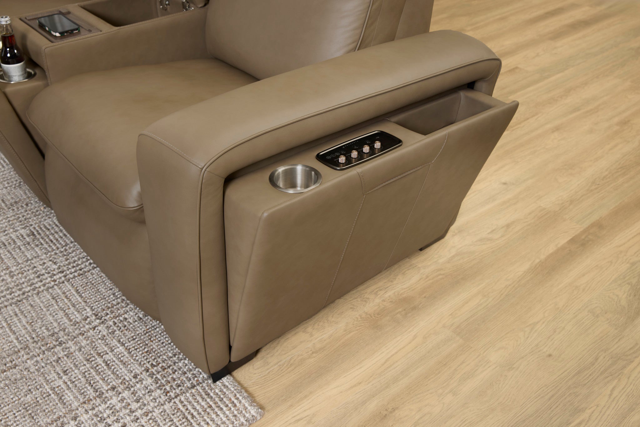 Sense Greige Leather Power Reclining Sectional with Power Headrest, Lumbar & Pulse