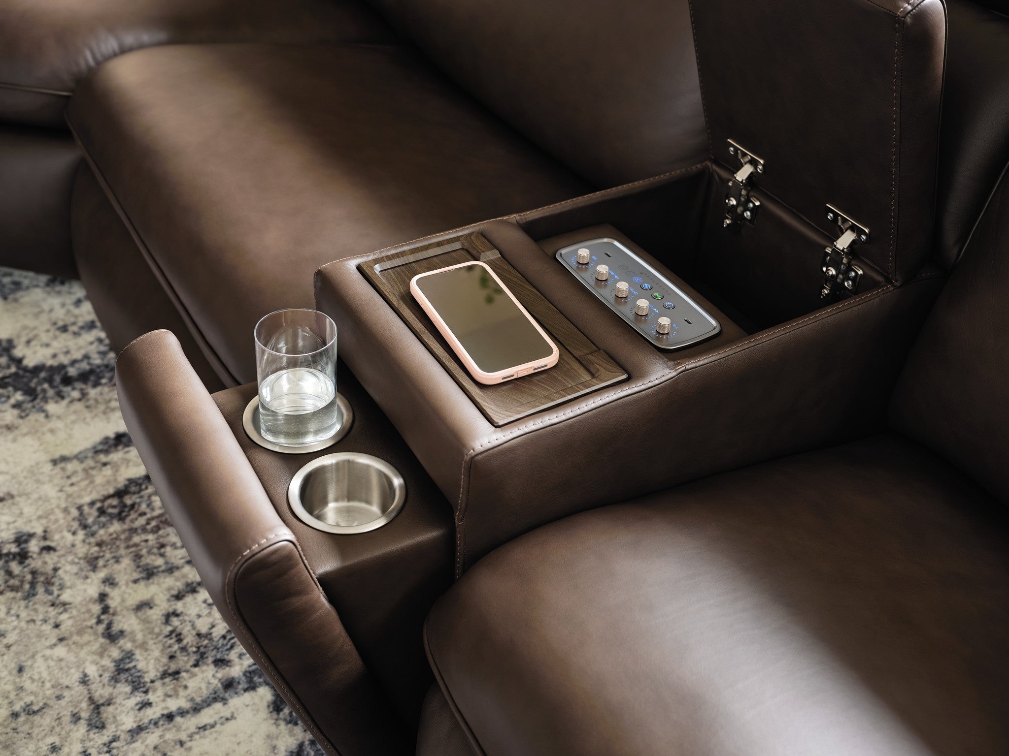 Sense Espresso Power Reclining Sectional with Power Headrest, Lumbar & Pulse
