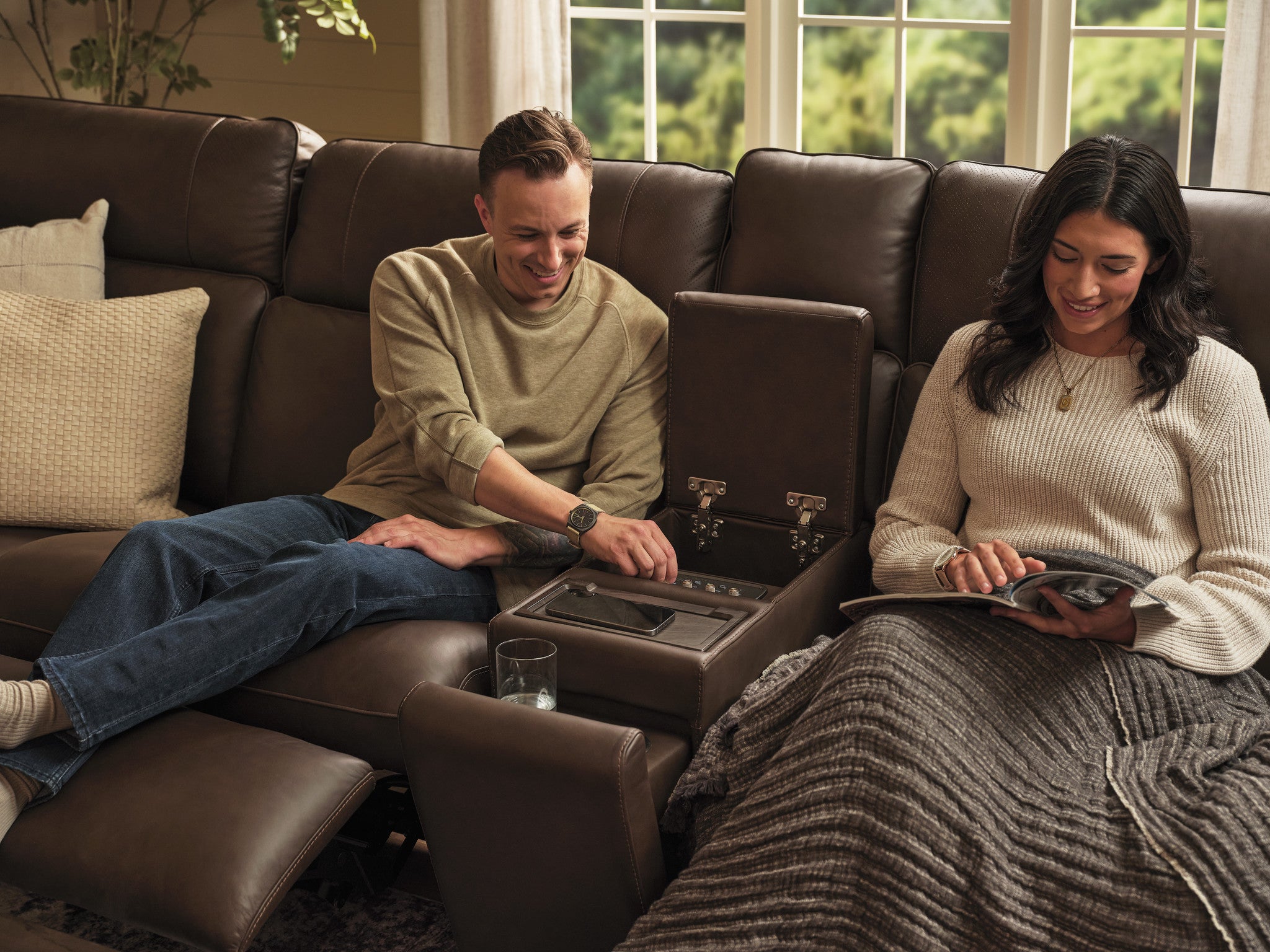 Sense Espresso Power Reclining Sectional with Power Headrest, Lumbar & Pulse